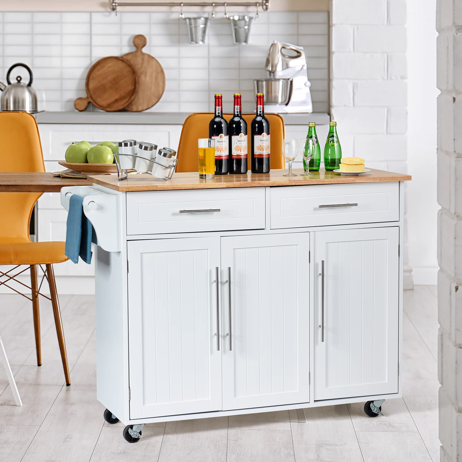 RELAX4LIFE Carrito de Cocina de 3 Puertas con 4 Ruedas, Carro de Servicio con 2 Cajones y 6 Estantes, Carrito Auxiliar con Toallero para Cocina y Baño, Madera Maciza, 122x40x93cm, Blanco