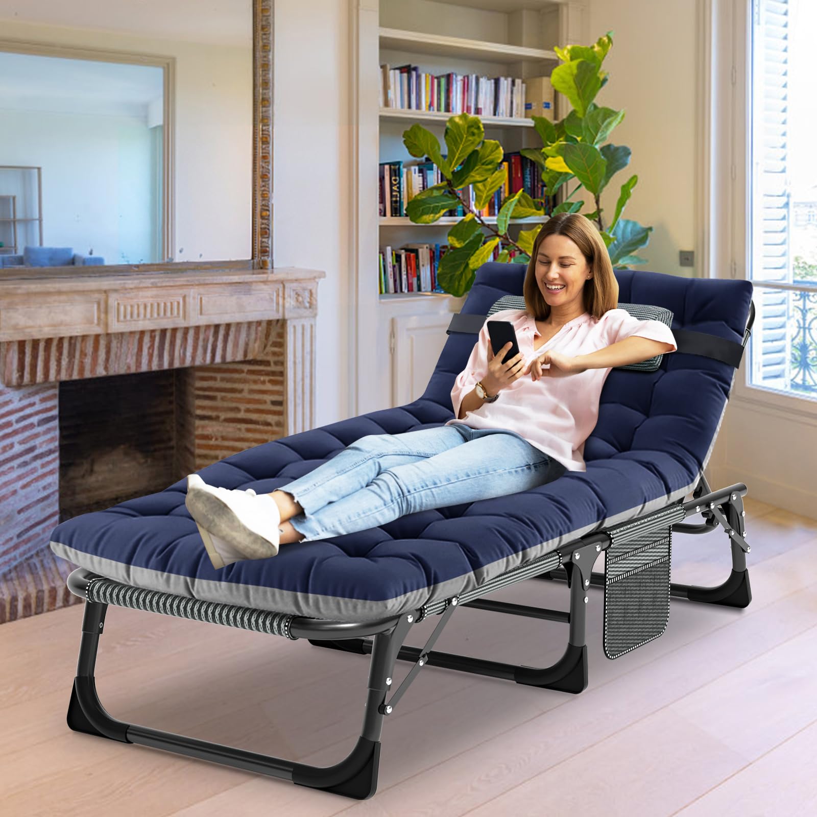 Lit Pliant pour invités 190 x 68 cm Chaise Longue Pliable Lit de Camping de Voyage Adulte 200 kg Charger 1200D Oxford Fabric avec Coussin, Poche latérale, Appui-tête réglable