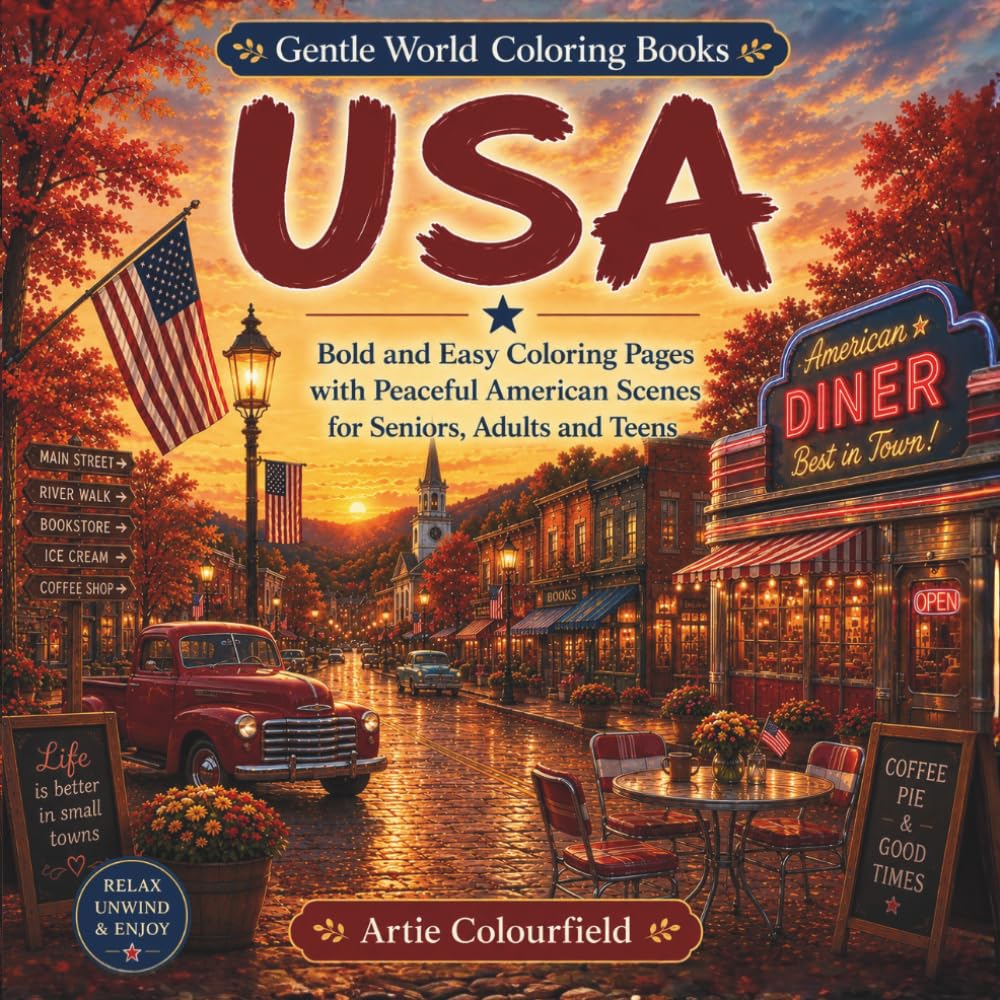USA: Bold and Easy Coloring Pages with Peaceful American Scenes for Seniors, Adults and Teens (Gentle World Coloring Books)
