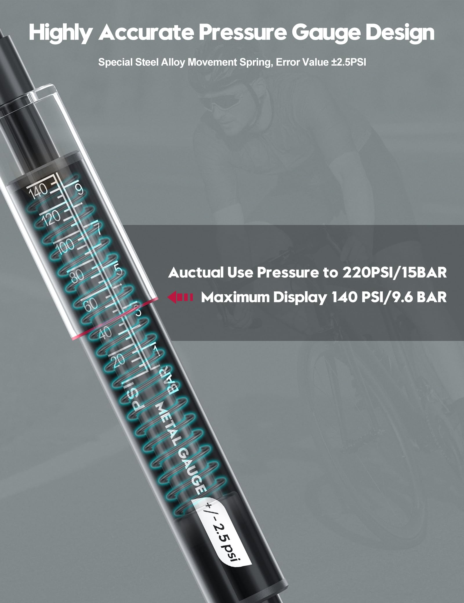 Tiakia Bike Pump with Gauge, High Pressure Bicycle Pump High Volume Portable Hand Air Pump Fit Presta, Schrader Valves Aluminum Bike Tire Pump for Mountain Road Bike, Strollers, Balls