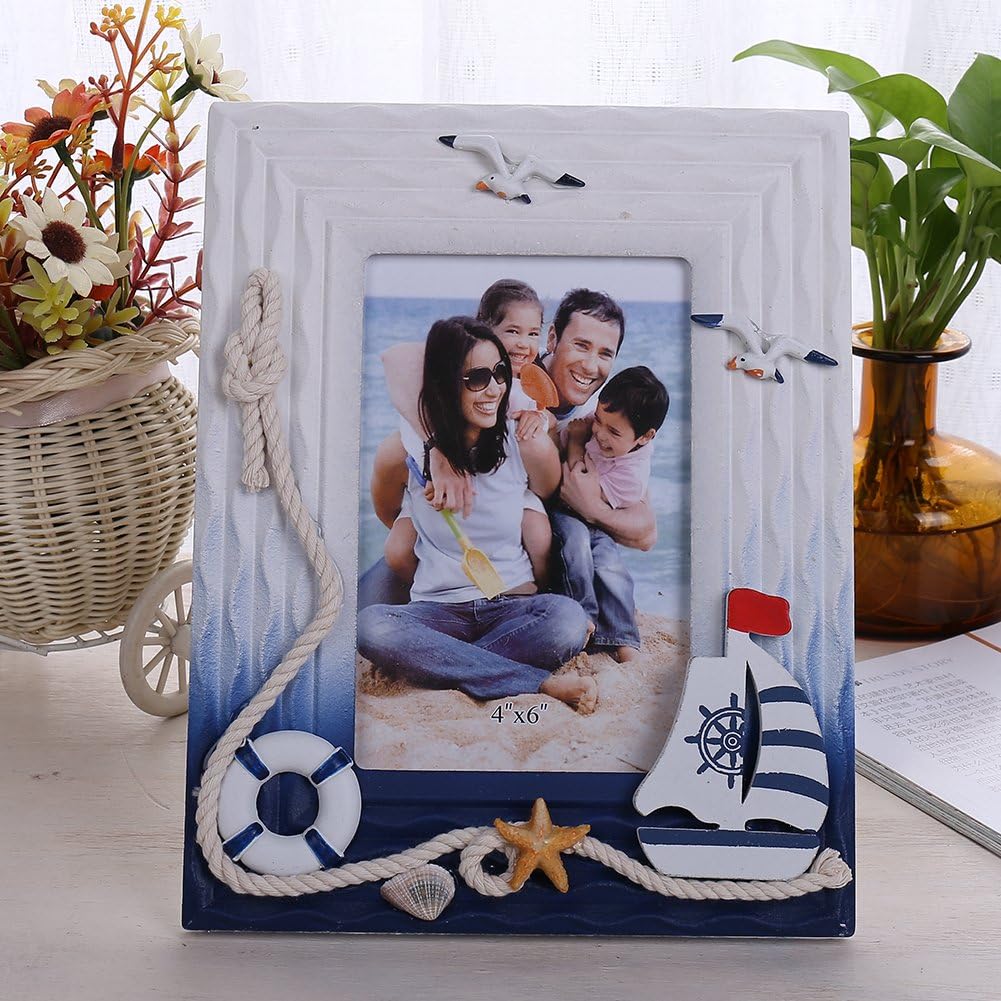 Solid Wood Mediterranean Photo Frame 4x6 inch Creative Sailing Frame Home Photo Frame Desktop Pendulum Sea View Wall Decorative Photo Frame