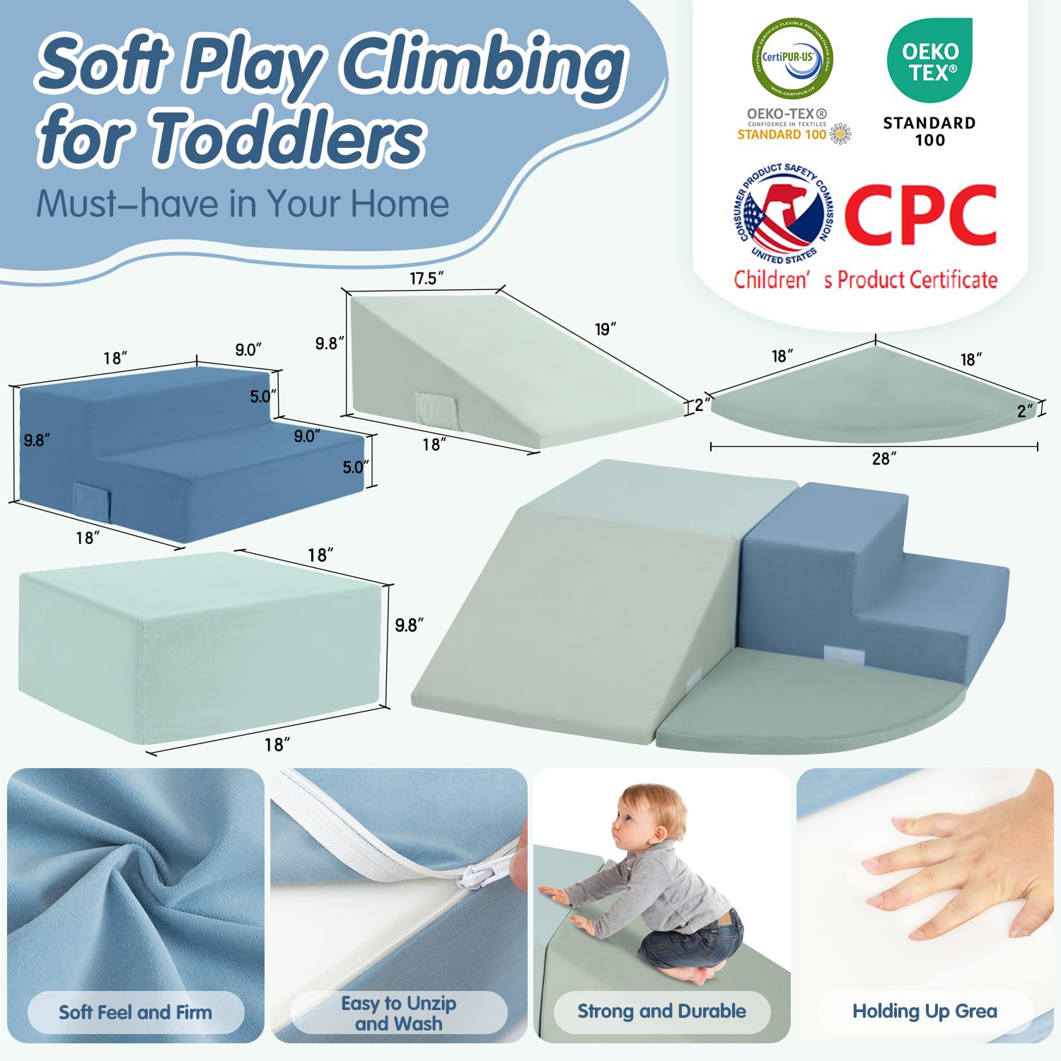 CAPAKIDS Large 4 Pcs Toddler Climbing Toys Indoor, Foam Blocks with Velcro, Classic