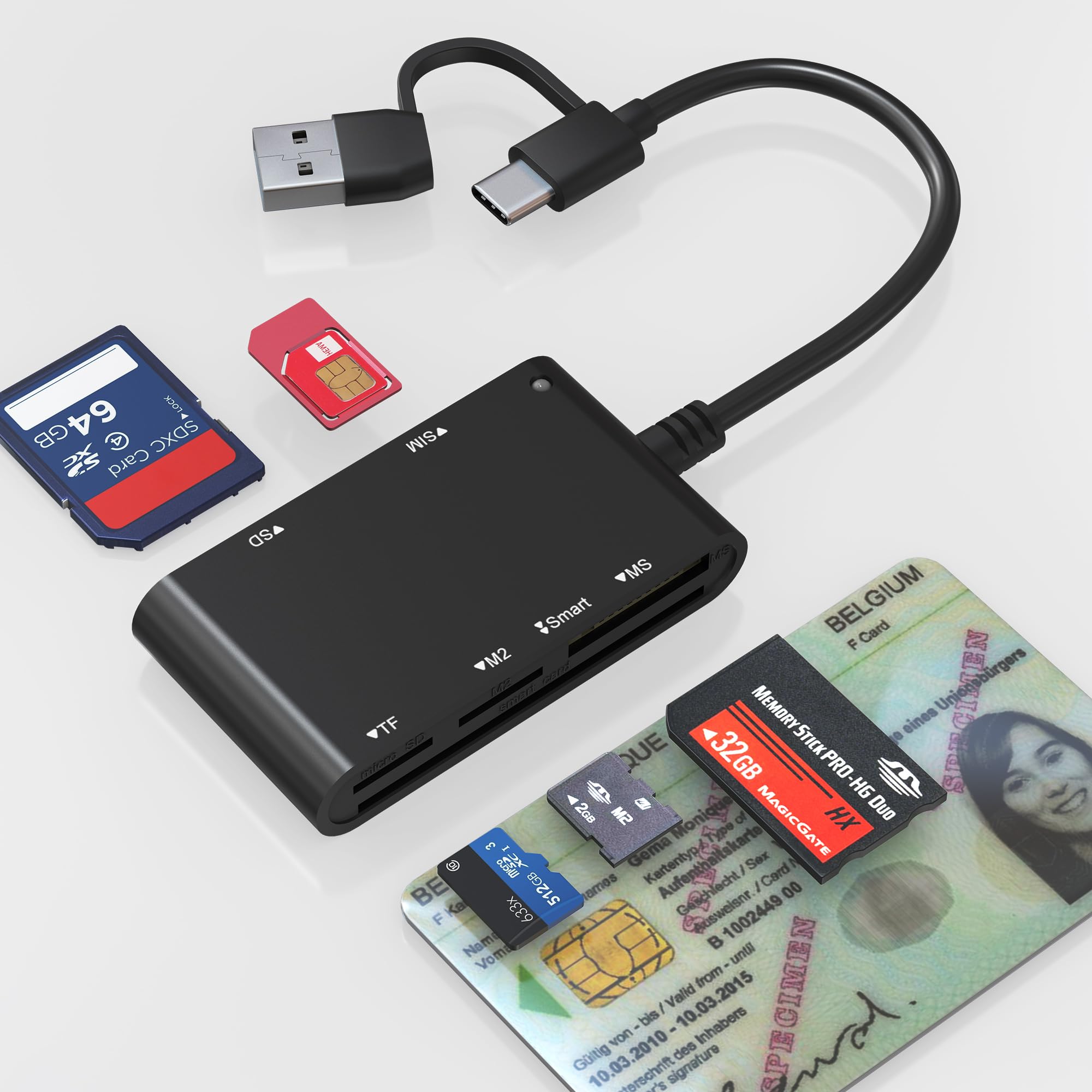 7en2 Lecteur Carte Identité Belge Compatible MicroSD, SD, MMC, SIM, M2, Memory Stick Pro Duo Pour Signature Électronique, DNI, Carte de Santé, eID Belgique