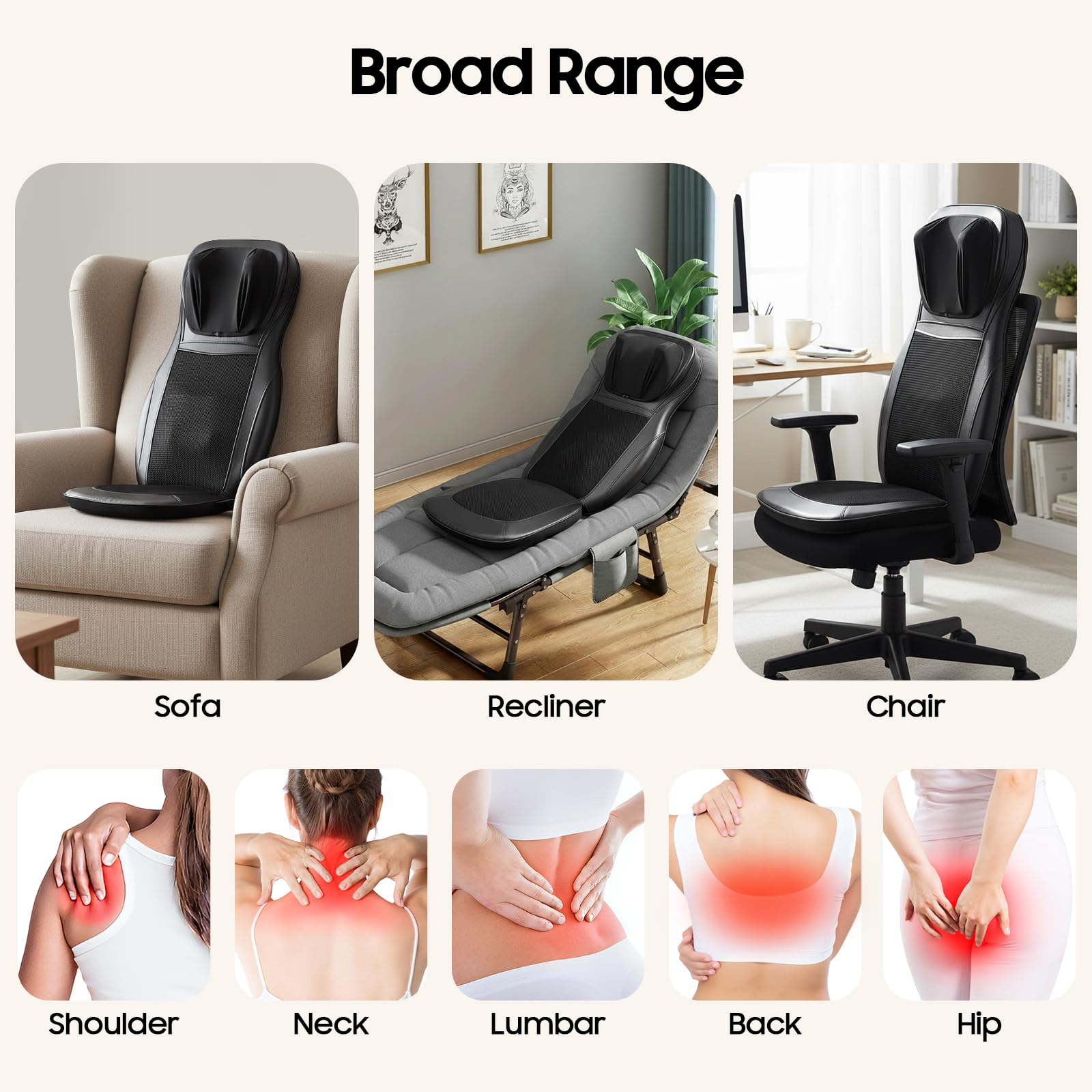 Cuscino massaggiante con calore Shiatsu, cuscino massaggiante con impasto, rullo, vibrazione e compressione dell'aria, 3 modalità massaggio, 4 motori vibranti (nero)