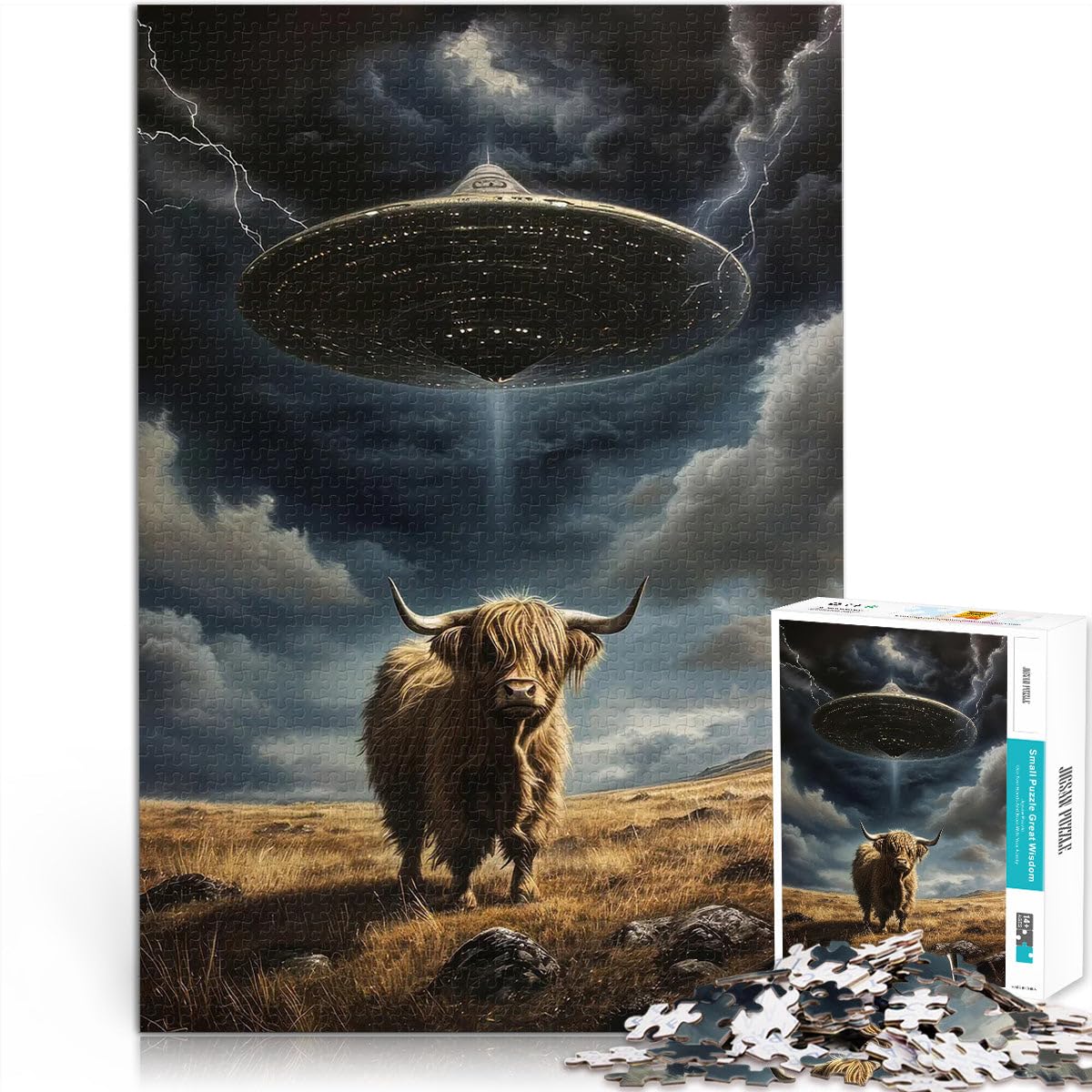 Jigsaw Puzzles for teenagers 1000 Pieces Highland Cow UFO Abduction Challenging Game Gifts 26x38cm for Home Decoration for Age 14+ — image 1