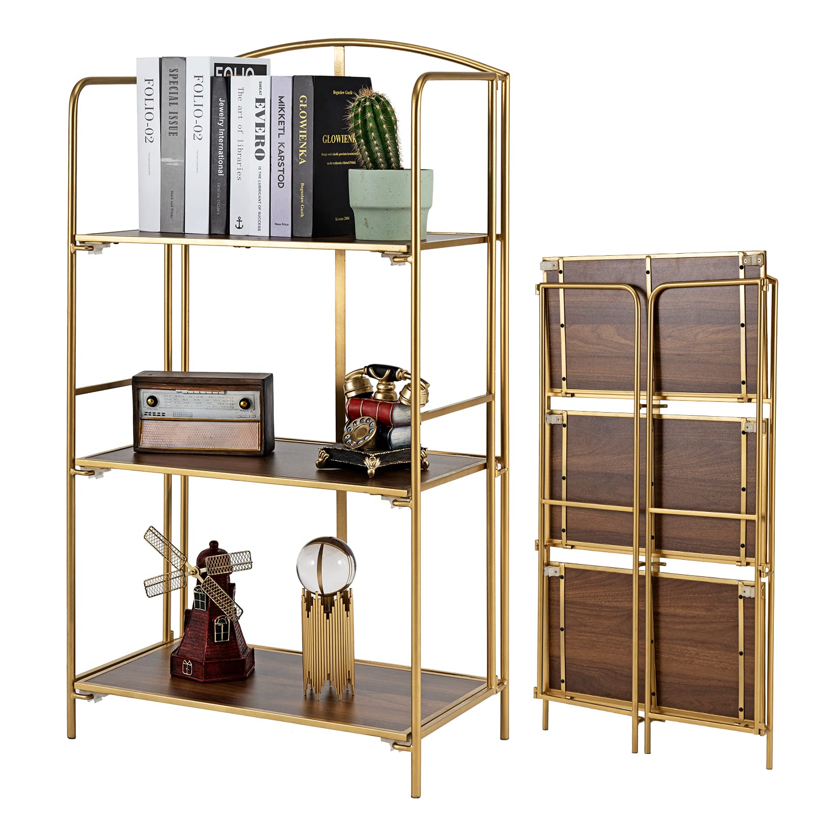 Crofy No Assembly Folding Bookshelf, 3 Tier Gold Bookshelf, Metal Book