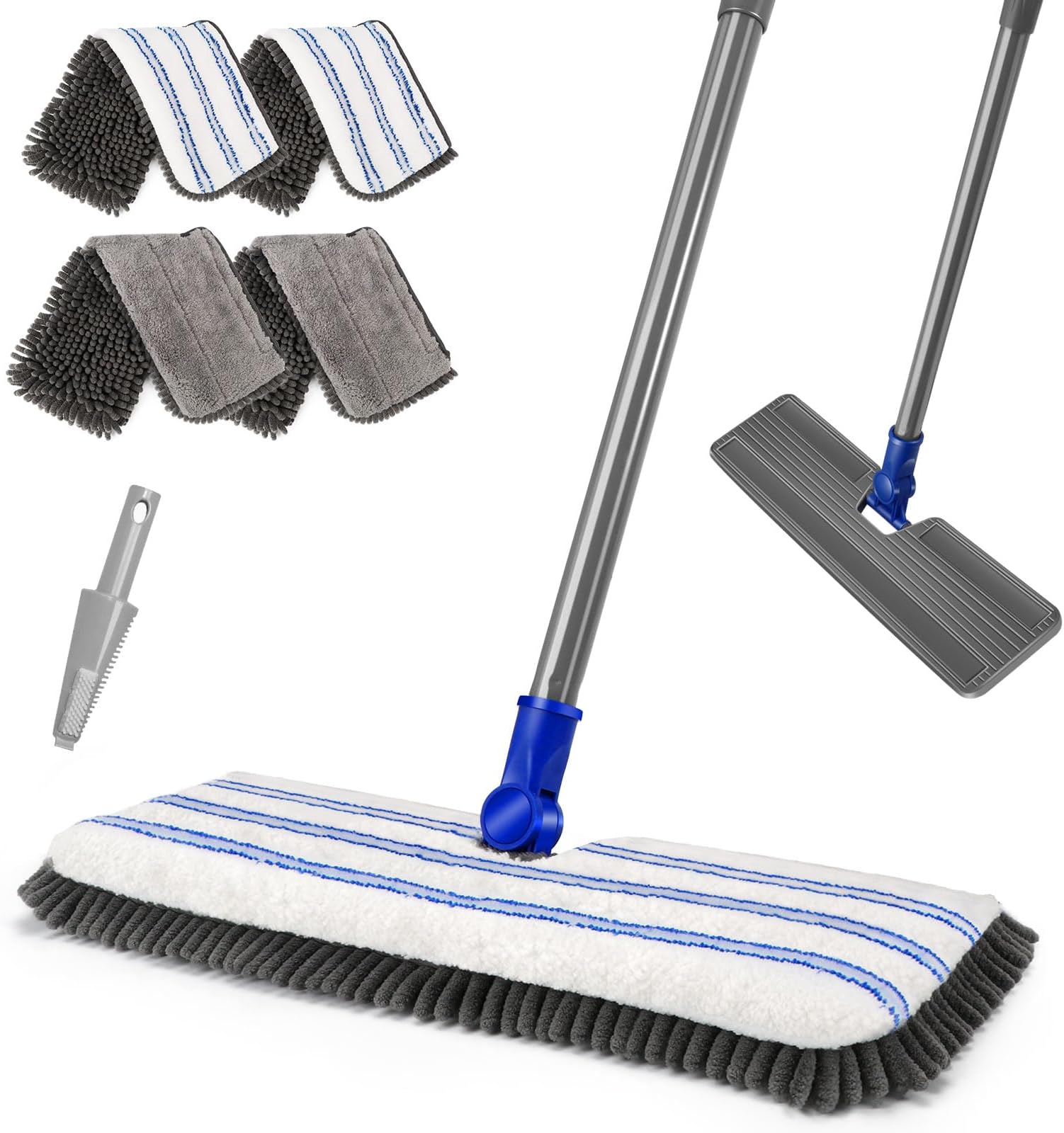 Floor Mop, MASTERTOP Mops for Cleaning Floors, 2-Sided Flat Mop with 4 Reusable Microfibre Pads, Floors Cleaner Wet and Dry Mops for Laminate Tile Hard, Send 1 Cleaning Scraper