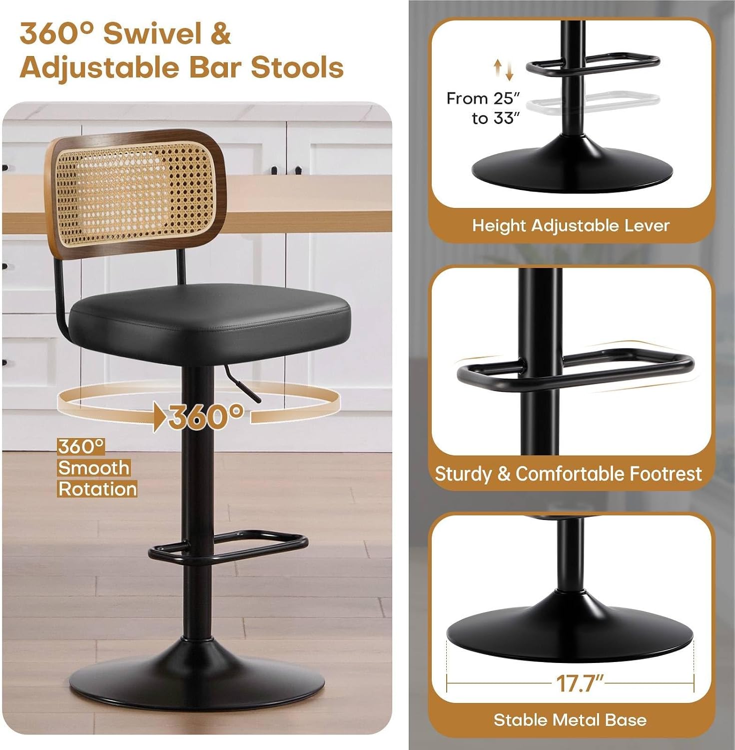Swivel Bar Stools Set of 3, Adjustable Barstools from 25" to 33", Upholstered Faux Leather Bar Chairs with Rattan Backrest & Enlarged Base for Counter, Kitchen Island & Pub, Black