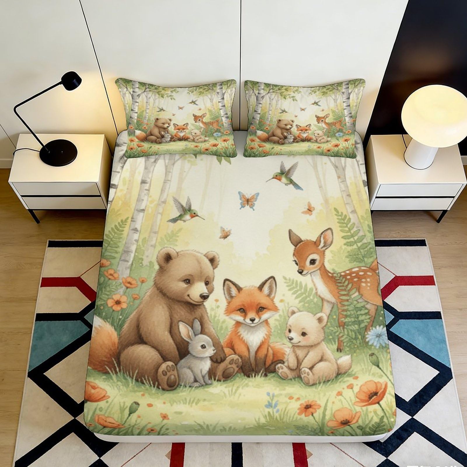3D Printed Forest Animal Fitted Sheet Microfiber Soft Woodland Deer Fox Mattress Cover Bedroom Dorm Decor 90x200x25cm
