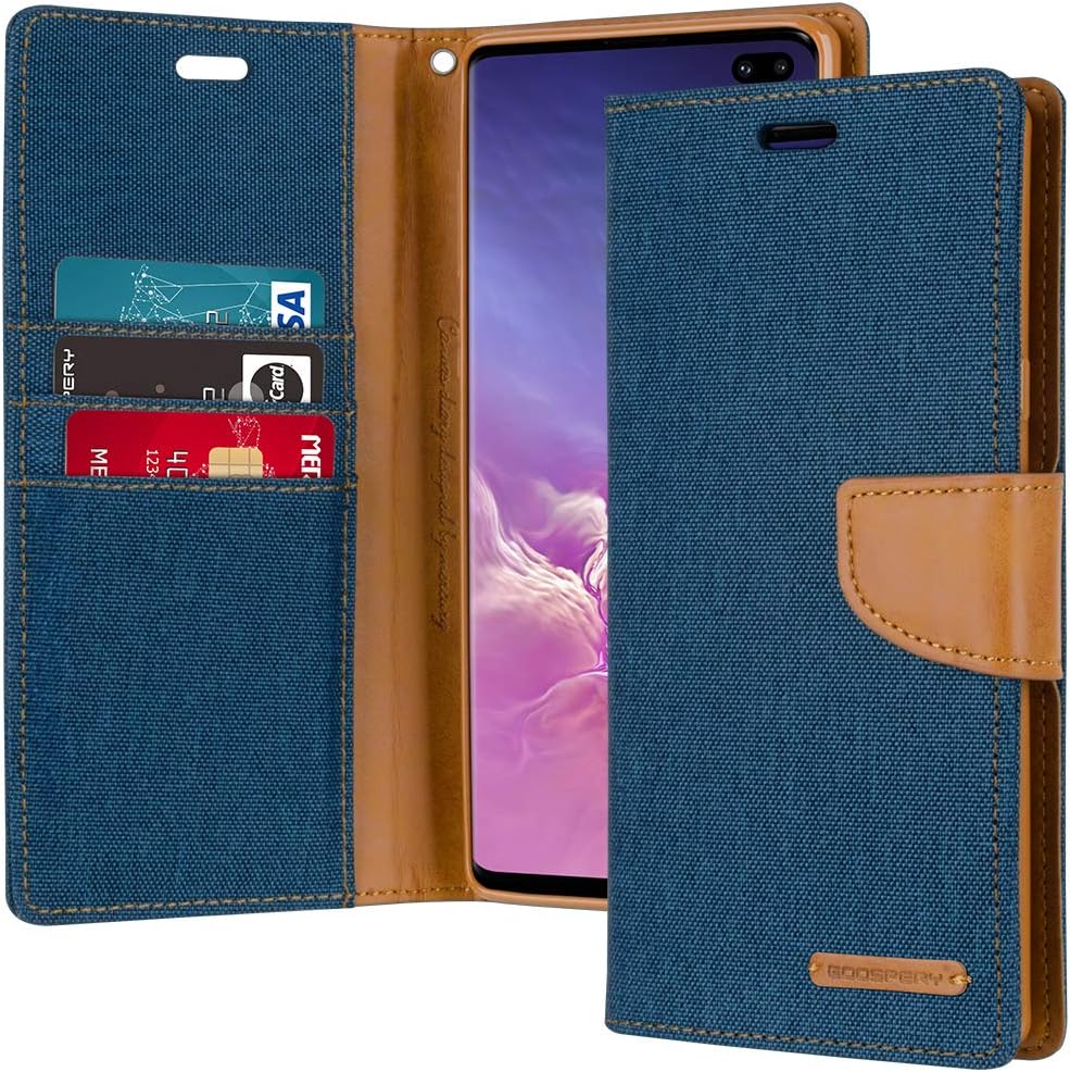 GOOSPERY Canvas Wallet for Samsung Galaxy S10 Plus Case (2019) Denim Stand Flip Cover - Blue