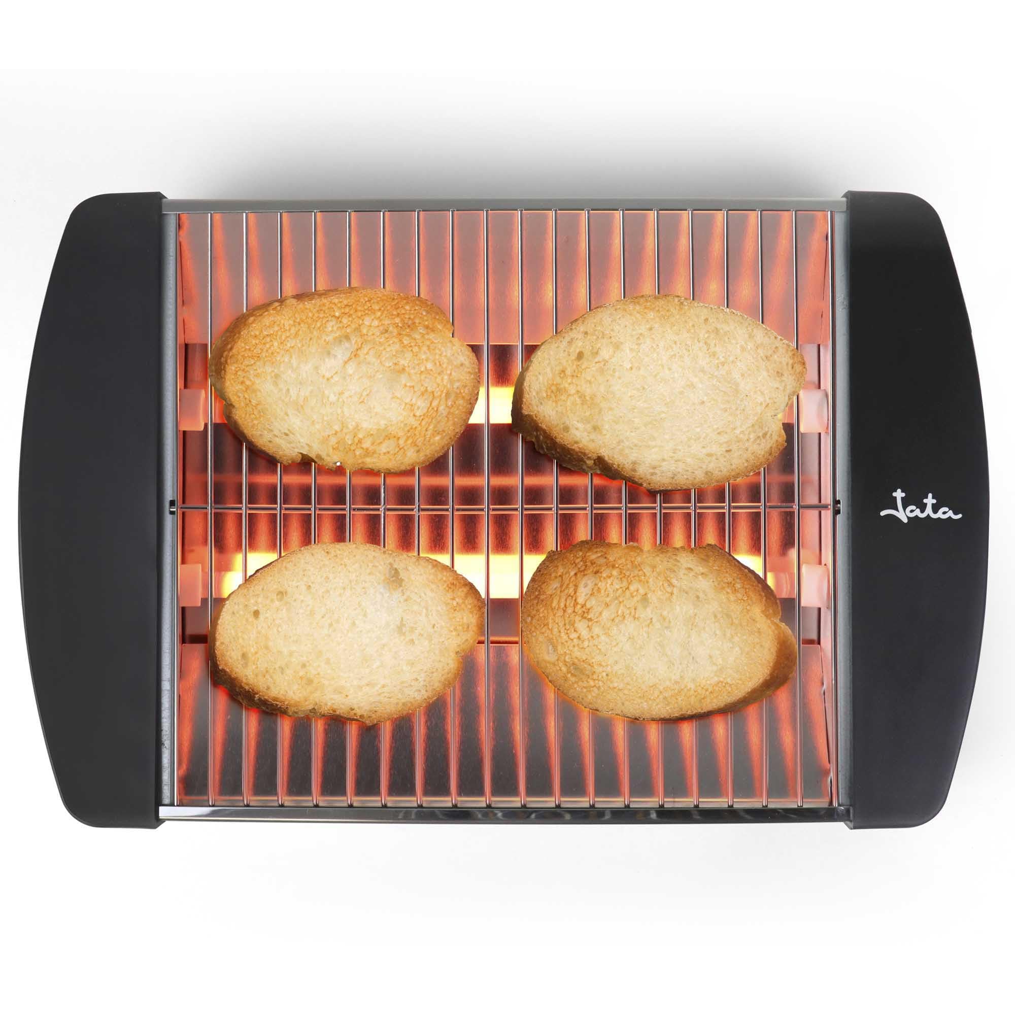 JATA JETT1587 - Tostadora Horizontal 400 W con Barras de Cuarzo, Tostador Plano de Gran Superficie, Laterales Acero Inoxidable, Bandeja Recogemigas Extraíble