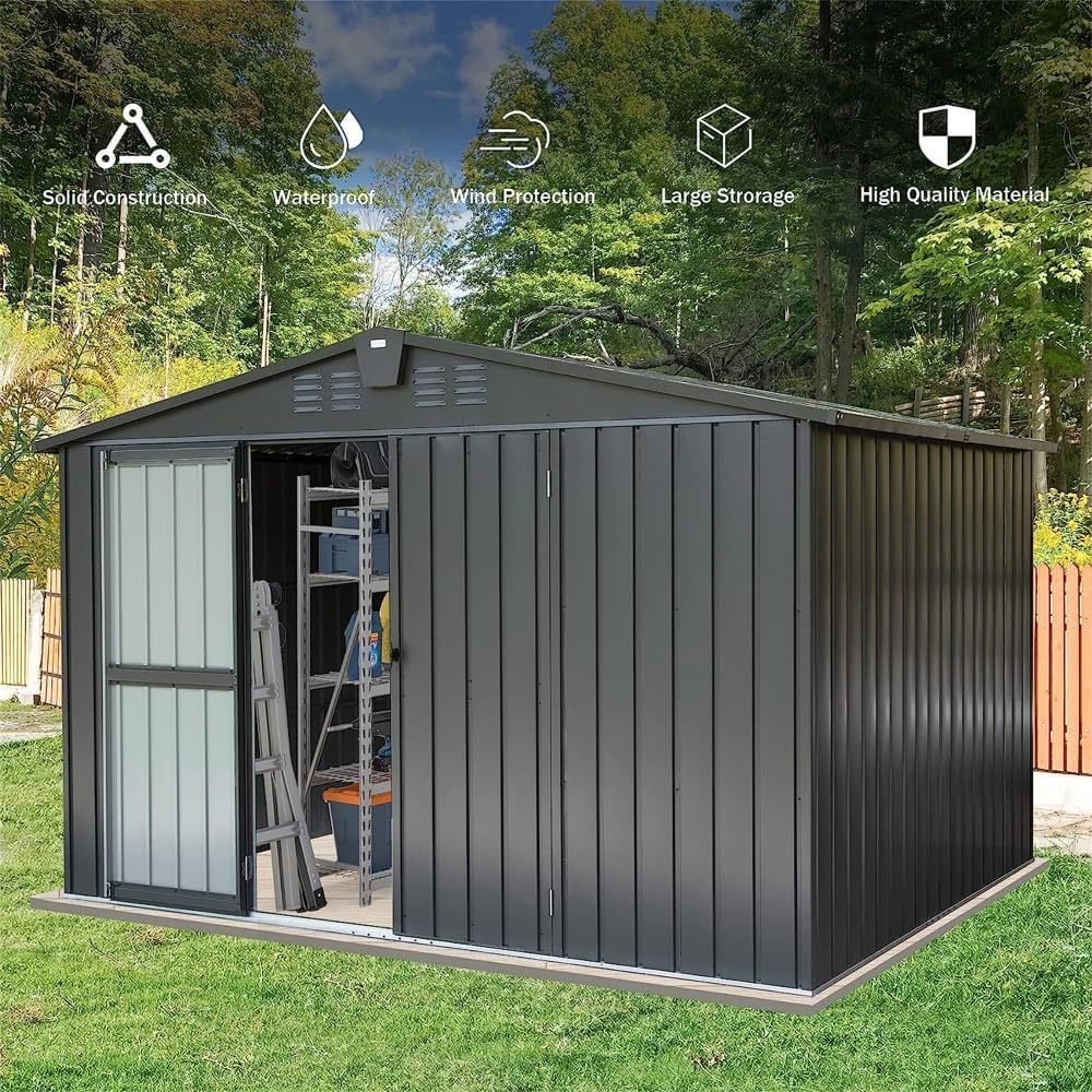 Large Outdoor Storage Shed 11' x 12.5' with Galvanized Steel Frame, Metal Garden Tool Shed with Windows and Lockable Doors for Backyard (10'x8'(Gable Roof+Dark Gray))
