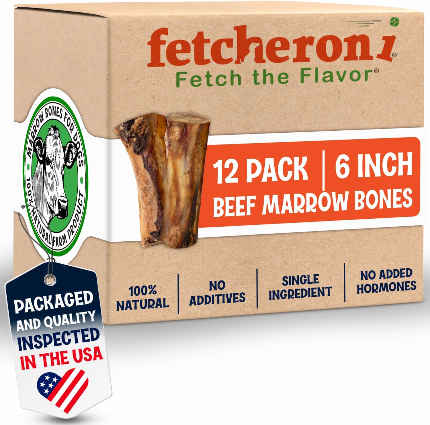 Marrow Bones for Large Dogs, 6 inch Natural Dog Bones for Aggressive Chewers, Long Lasting Treats, Grain-Free, Rawhide Alternative, Dental Health Snack, USA Packaged, Low Odor (12 Pack)