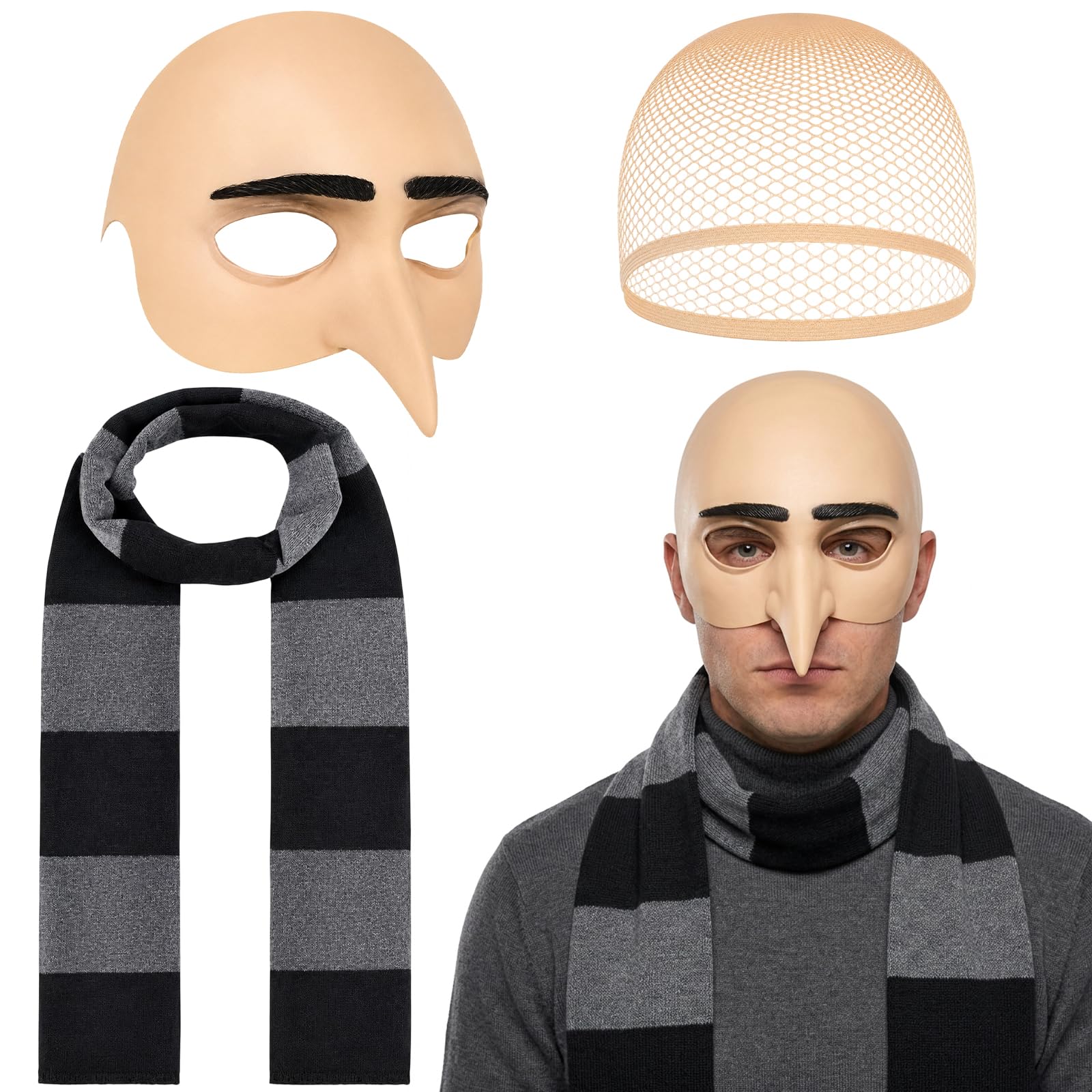 Bald Cap, Gru Costume, 3 PCS Halloween Costumes Include Bald Caps Gru Scarf and Hair Nets, Halloween Costumes Adults for Cosplay Halloween Carnival and Parties Use by Those Aged 15 and Above