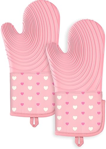 Slohif Long Silicone Oven Mitts Heat Resistant for Women - 2 Pcs Heart 100% Cotton Oven Gloves, Non-Slip and Waterproof Silicone Oven Mitts with Hanger for Baking and Cooking - Pink White