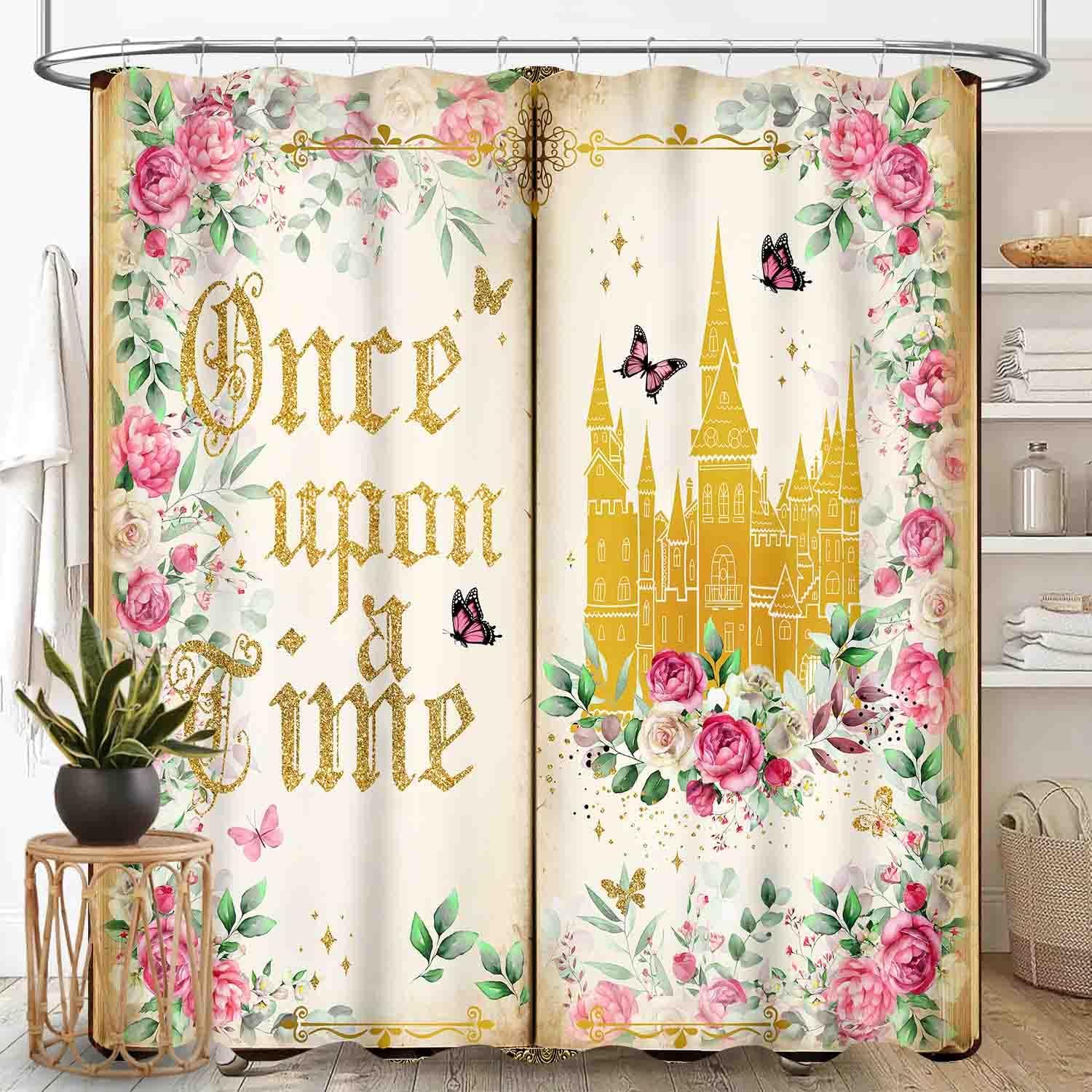 Princess Shower Curtain for Girl Kids Bathroom, Once Upon a Time Magic Gold Castle Romantic Pink Watercoror Floral Fairy Dreaming Waterproof Fabric for Shower Curtain Set with Hooks, 72"x84" Inch