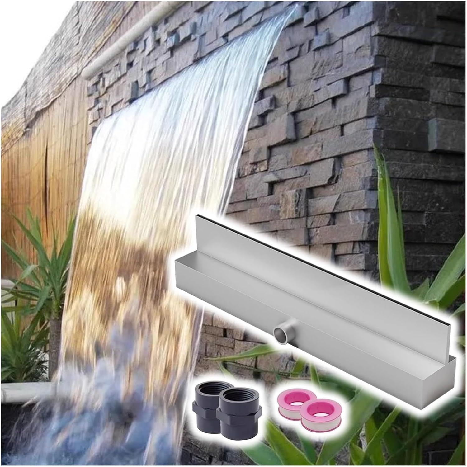 Stainless Steel Waterfall Spillway Kit for Outdoor Water Features - 67 Durable Patio Pond System with Pipe Connector, Silver Finish for Backyard Landscaping