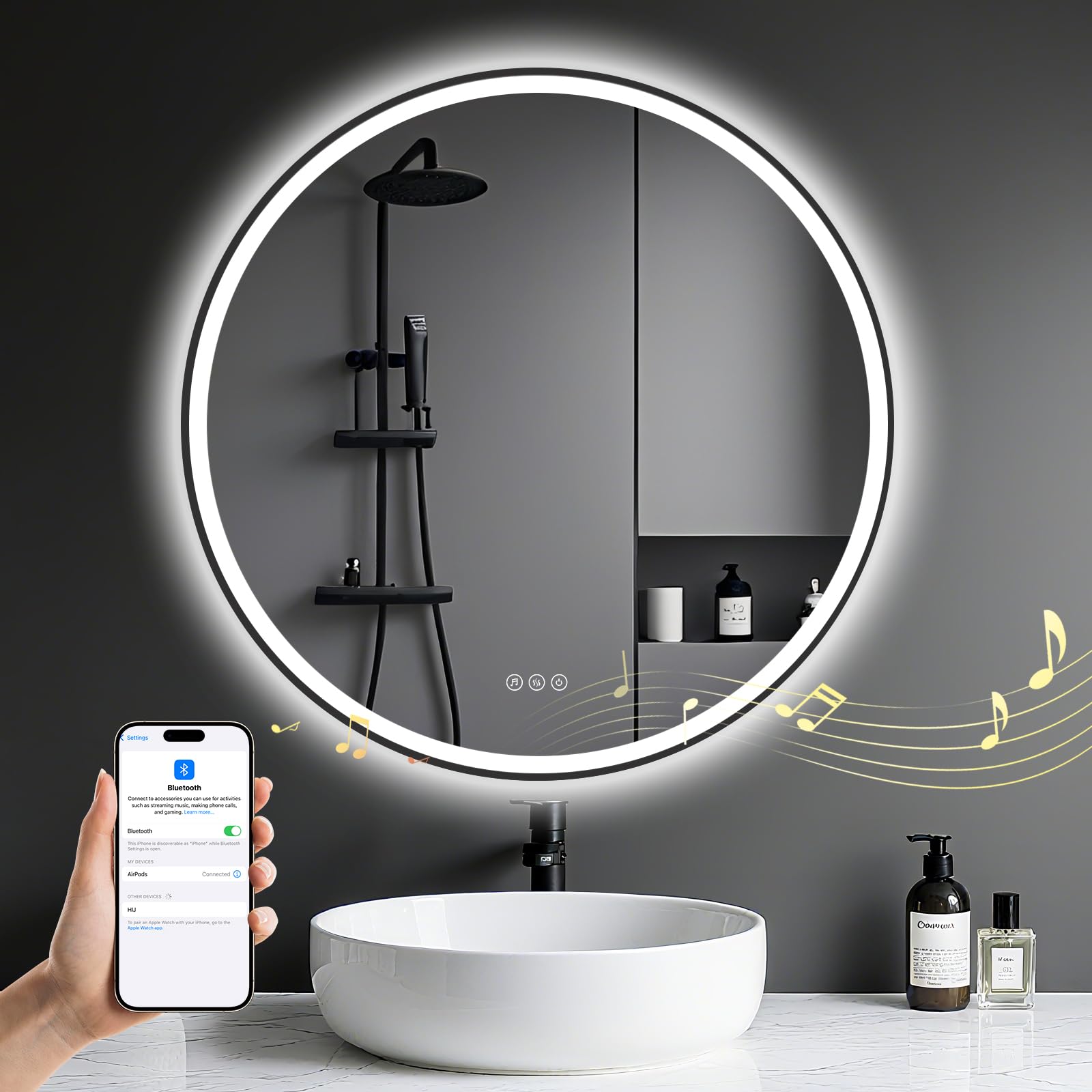 600mm Round-Bathroom-Mirror-with-LED-Lights and Bluetooth, Illuminated Wall Mounted Smart Mirror with Anti-Fog, Touch, 3 Colors Dimmable, Memory Function, LED-Bathroom-Mirror with Black Metal Frame — image 1
