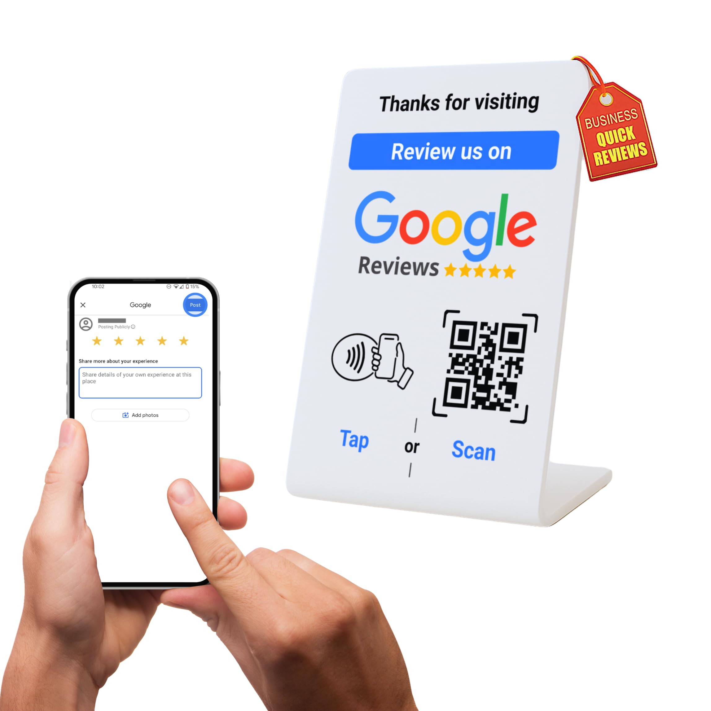 NFC Tap Google Review Stand - Boost Customer Feedback with Tap & Scan QR - No App, No Subscription - Works on iPhone & Android (Size 5.12"x3.54", 1