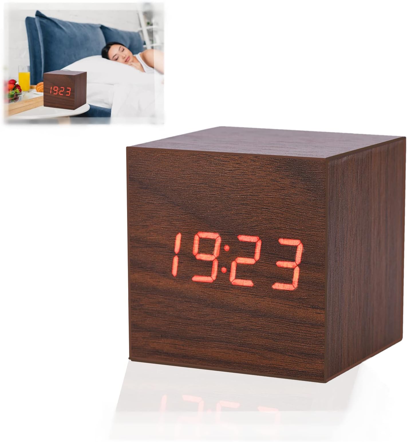 Digital Alarm Clock, Wooden LED Clock 3 Levels Brightness Modern Wooden