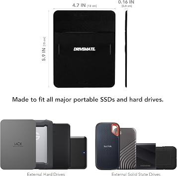 DriveMate - External Hard Drive Case - SSD Holder for Laptop - Portable Hard Drive Holder - Fits Most Drives, Cords, Sunglasses, Smartphones - Reusable Adhesive Pocket Pouch - Black