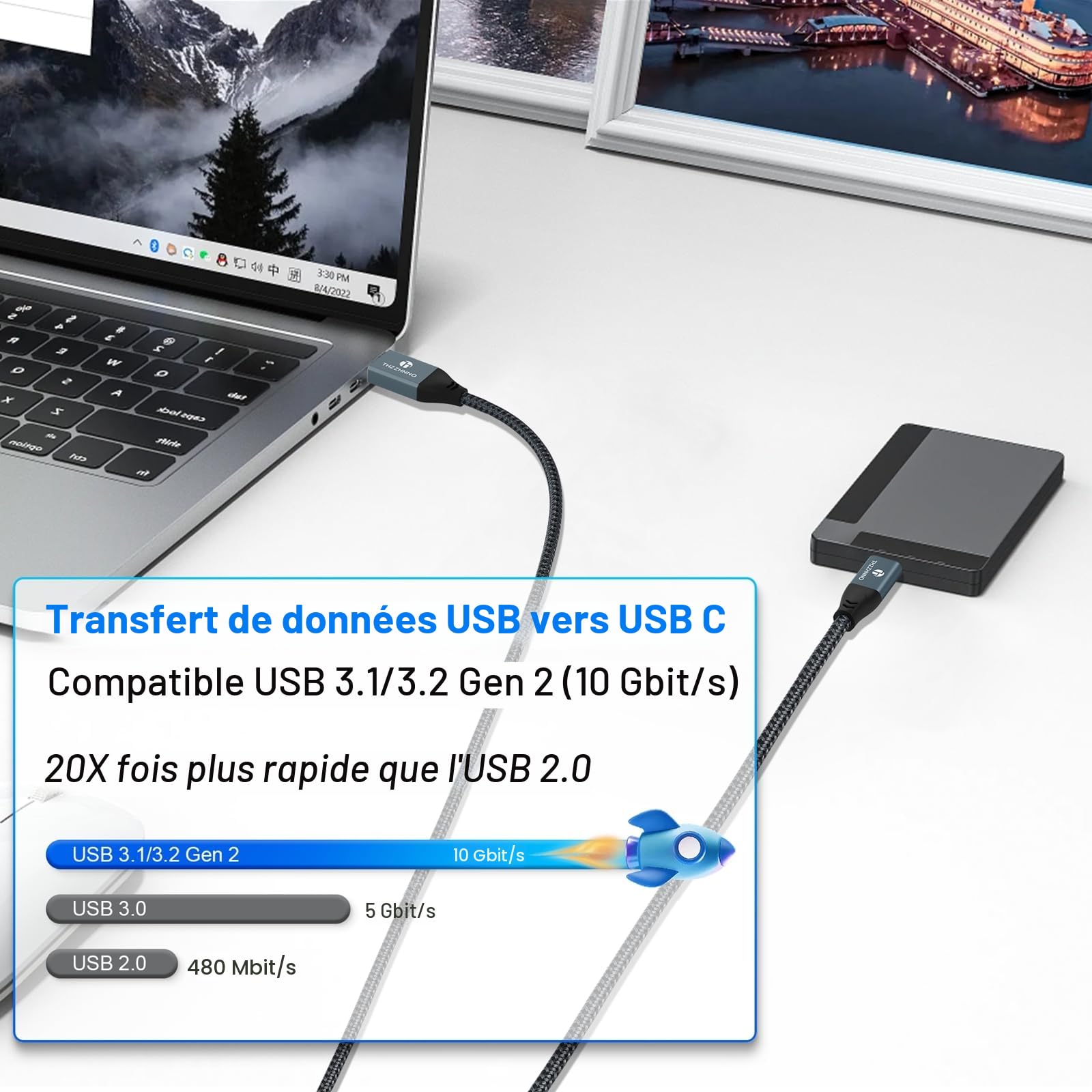 Câble USB A vers USB C 8M, USB 3.1 USB 3.2 Gen2 5Gbps Transfert de Données pour Samsung Galaxy/iPhone 15/MacBook Pro/iPad Pro