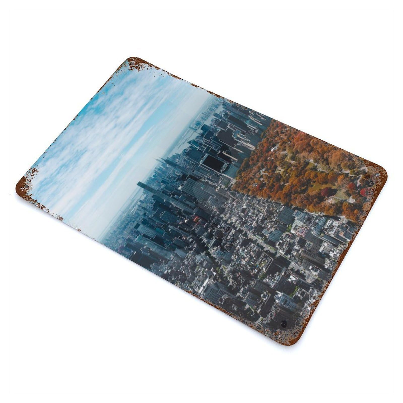 Distressed Metal Wall Sign Manhattan 11.8"x7.9", Vintage Wall Decor for Garage, Bar And Workshop Decor