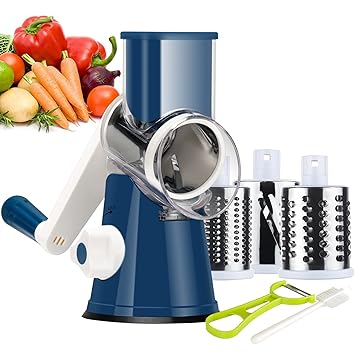 Rotary Cheese Grater Round Mandolin Slicer, Ourokhome Handheld Hashbrown Shredder with 3 Drum Blades, Kitchen Manual Speed Walnut Grinder for Potato, Carrot, Vegetables, Nuts, Zucchini (Dark Blue)