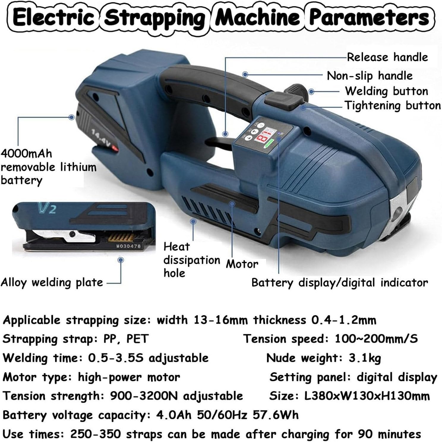 Cercleuse électrique pour feuillards PP-Pet de 11 à 16 cm, Portable avec Affichage numérique, alimentée par Batterie 4000 mAh, Automatique pour palettes, 1 Batterie