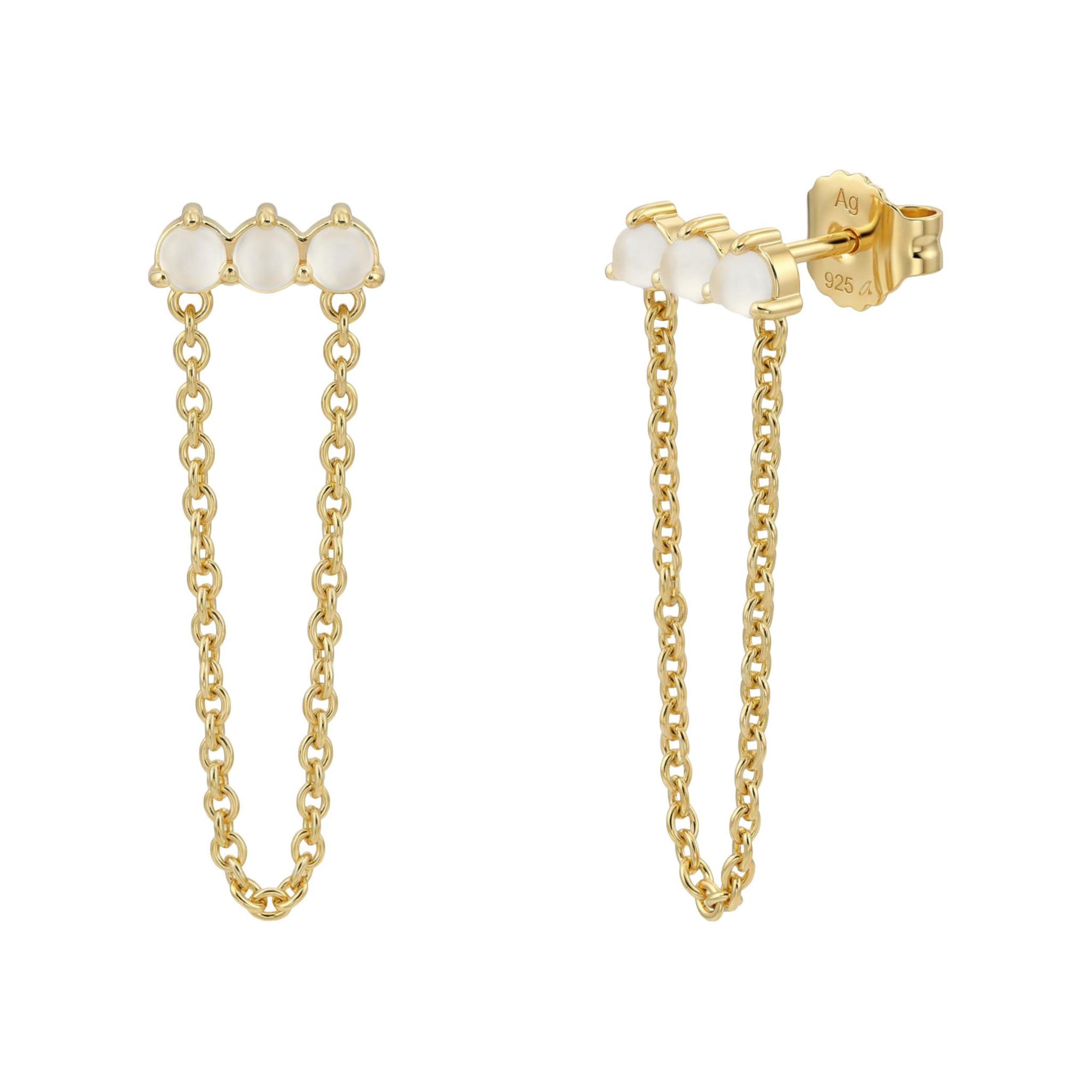NOELANI - Pendientes de botón para Mujer en Plata 925 - Chapados en Oro/Dorado - con Calcedonia - Cadena Pendiente de Botón - NOE-E0024