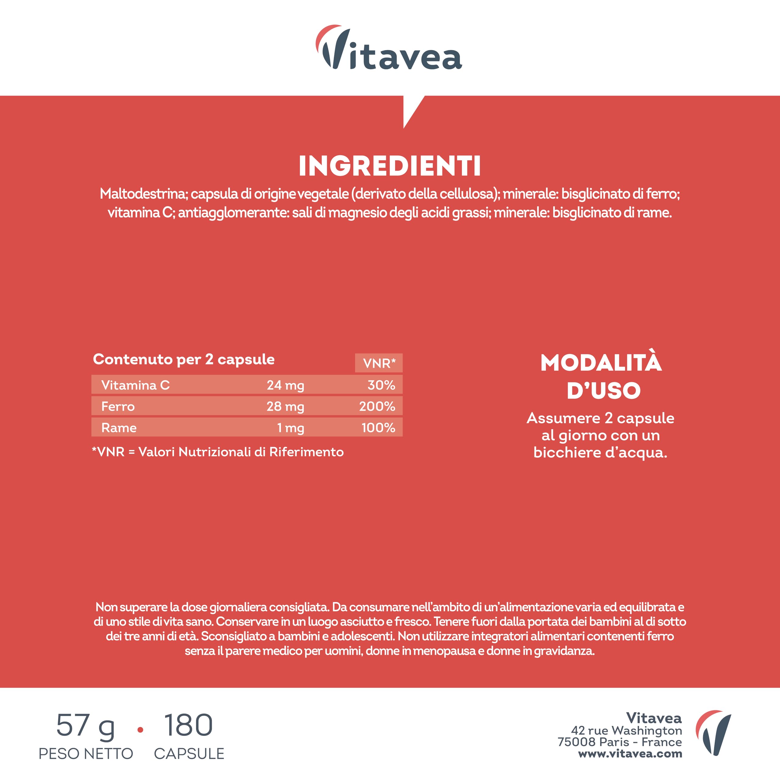 Ferro con Vitamina C - Alta Biodisponibilità (Ferro Bisglicinato Chelato) - Per Energia e Sistema Immunitario - Vegano, Senza Additivi - 180 Capsule - Vitavea