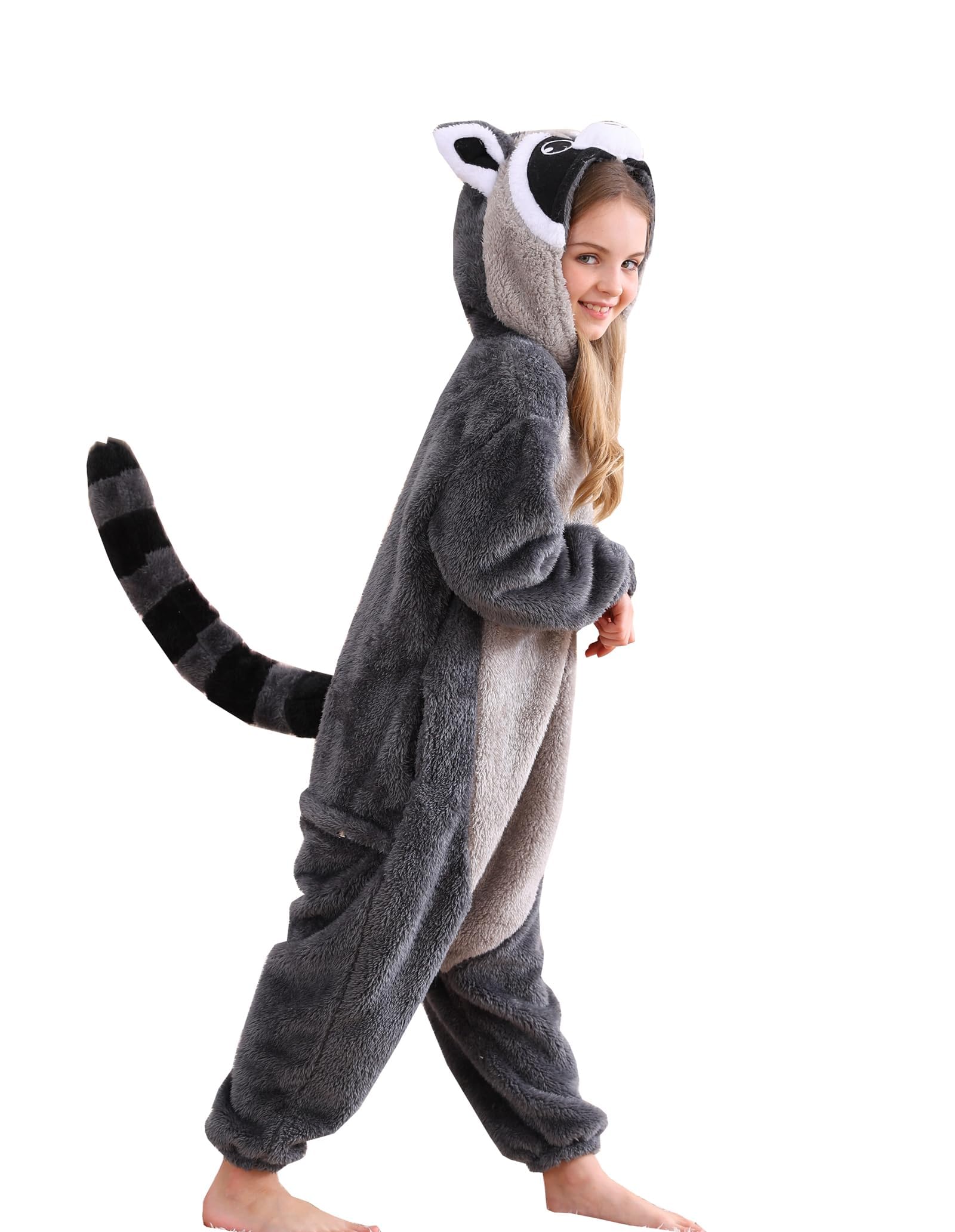 DarkCom Animal Onesie for Kids,Flannel Cosplay Grey Raccoon Halloween Costume Parent-Child Sleepwear for Girls Boys 12-13 Years - Image 2