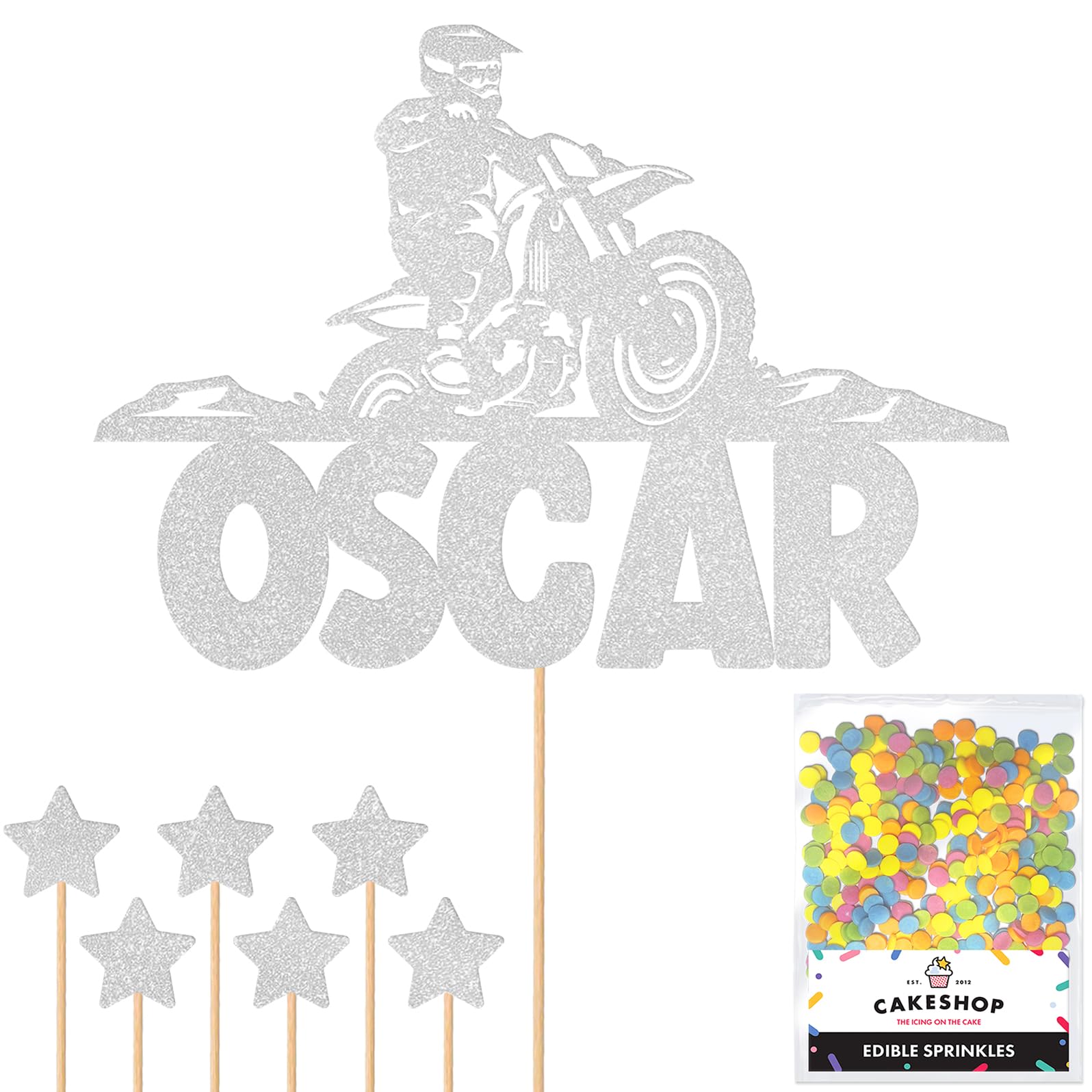 Personalised Dirt Bike Motorbike Racing Glitter Cake Topper - Light Silver Custom Name Glitter Cake Decoration and Sprinkles - Happy Birthday Decorations - Personalised Toppers for Cakes by Cakeshop — image 1