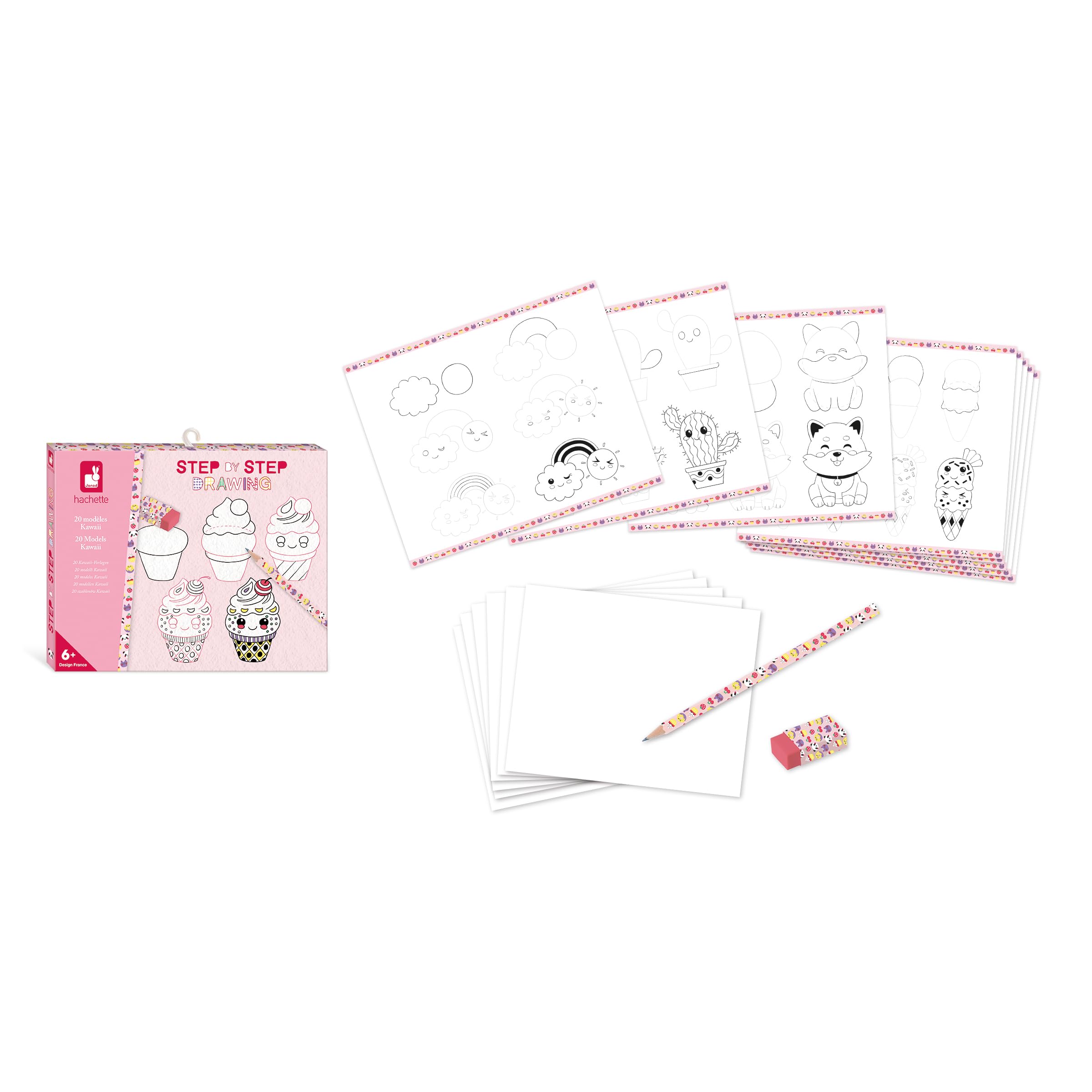 Janod - Step by Step Drawing - Naucz się rysować - 20 modeli Kawaii - Zestaw rysunkowy dla dzieci - Nauka rysowania i koncentracji - Od 6 lat - J09156