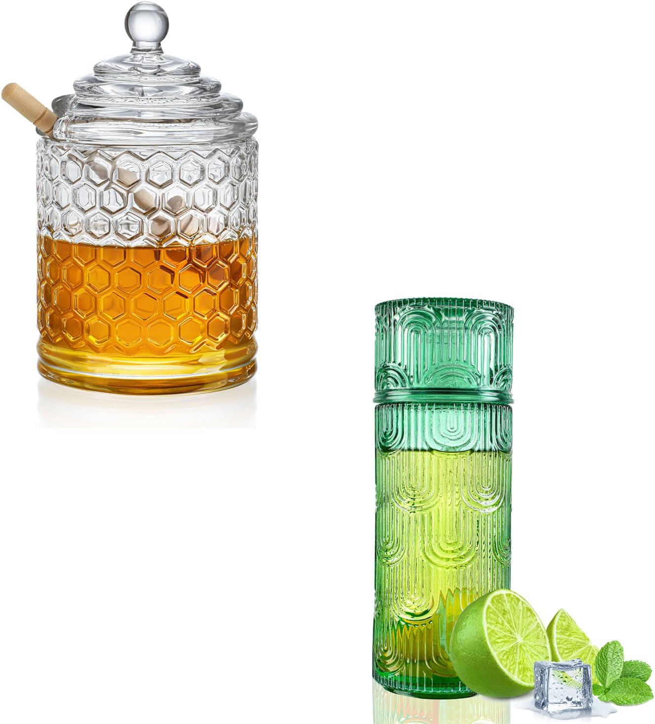 kanpura 9 oz Clear Crystal Glass Honey Pot with Lid and Green Beside Water Carafe Set (28.5 oz)