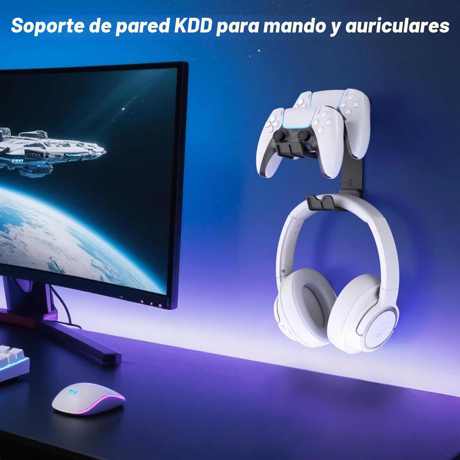 KDD Dos Soporte Mando Gamepad, Universal Soporte Auriculares Pared & Gancho Controlador de Pared, Instalación Adhesiva o con Tornillos para Cascos Xbox PS5/4/3 Switch STEAM Juegos Accesorios Gaming PC
