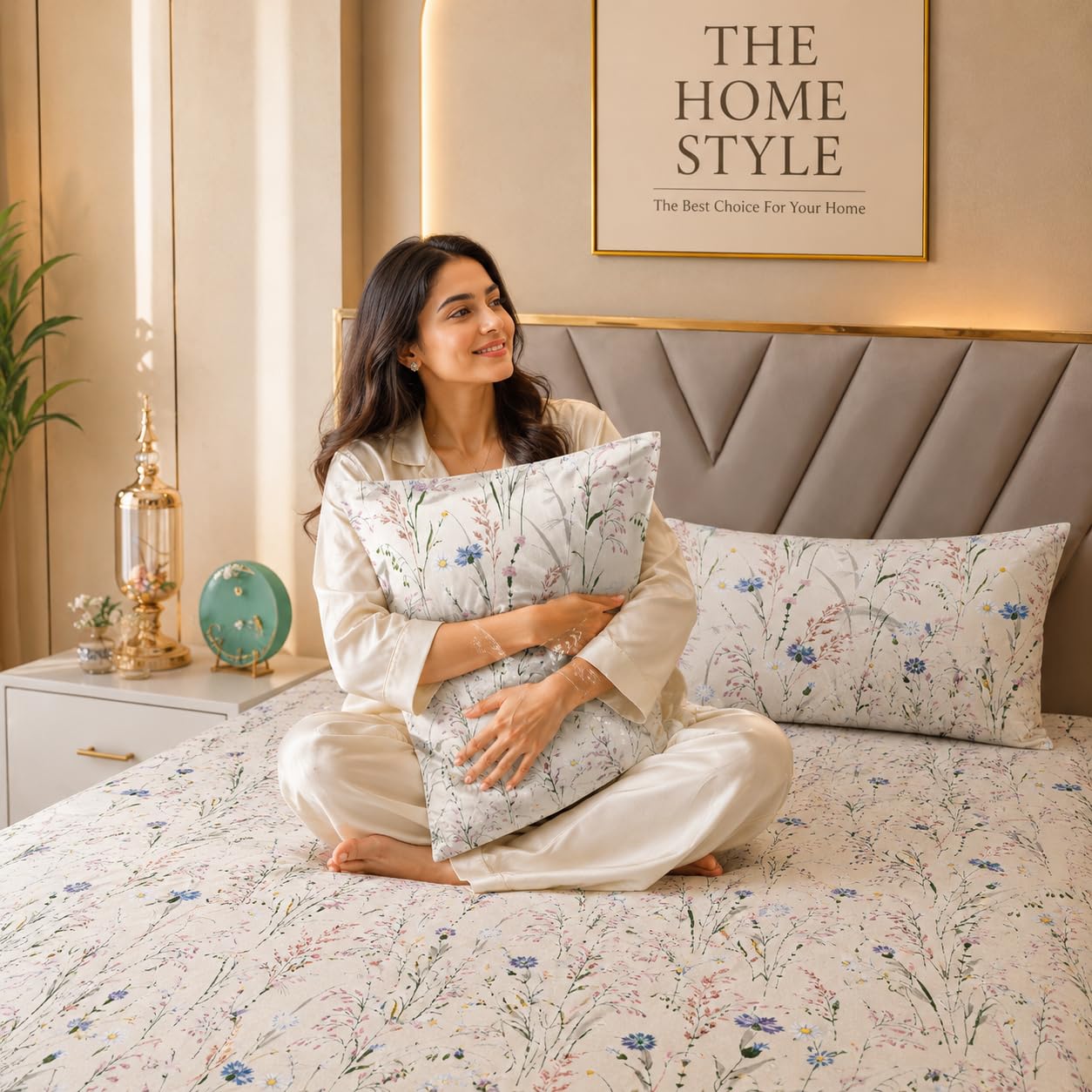 THE HOME STYLE Super Soft Glace Cotton King Size Printed Pillow Covers ll Pillow Cases ll Set of 2 Piece- 18"x 28" Inches (Ivory Wildflower)