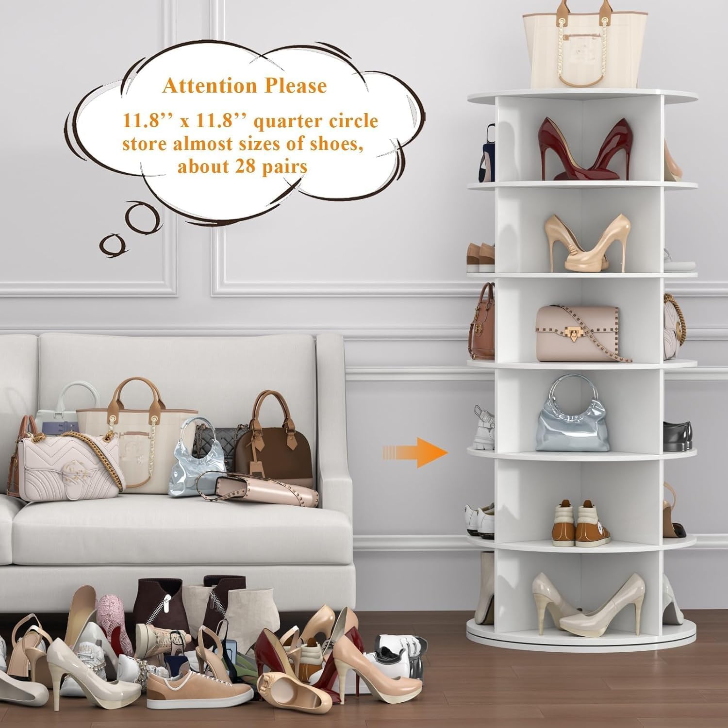 STIKELY 6 Tier Rotating Shoe Rack, 360° Spinning Shoe Rack Tower, Lazy Susan Storage Tower, Free Standing Revolving Shoe Organizer for Entryway, Living Room, Bedroom, Hallway (White)