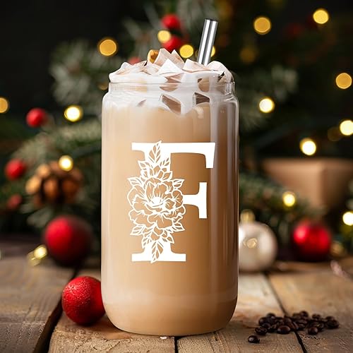 Miniatura 4 de Coolife Vaso de vidrio con inicial, regalos con monograma para mujeres, tazas de vidrio de 16 onzas con tapas y pajitas, café helado, batido, vaso