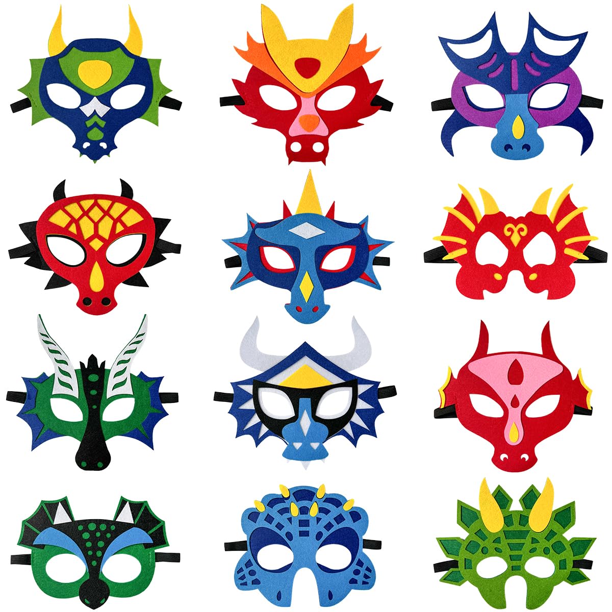 12Pcs Dragon Felt Masks, Dinosaur Decoration, Dragon Party Dress Up Supplies, Photo Prop