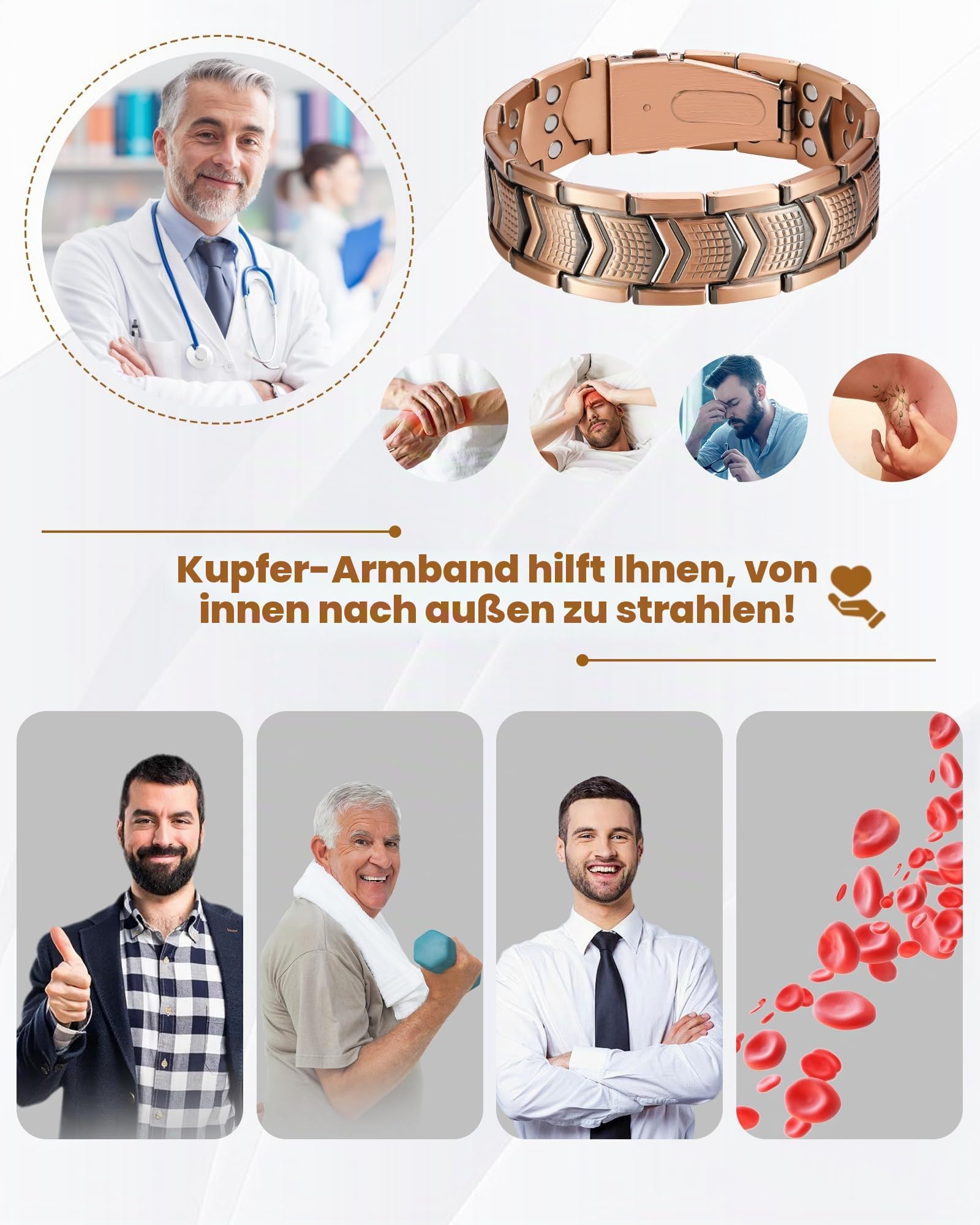 Jeracol Kupferarmband und 3 x Magnetarmband für Herren, mit 3 Reihen ultrastarken Magneten und einzigartiger Faltschließe
