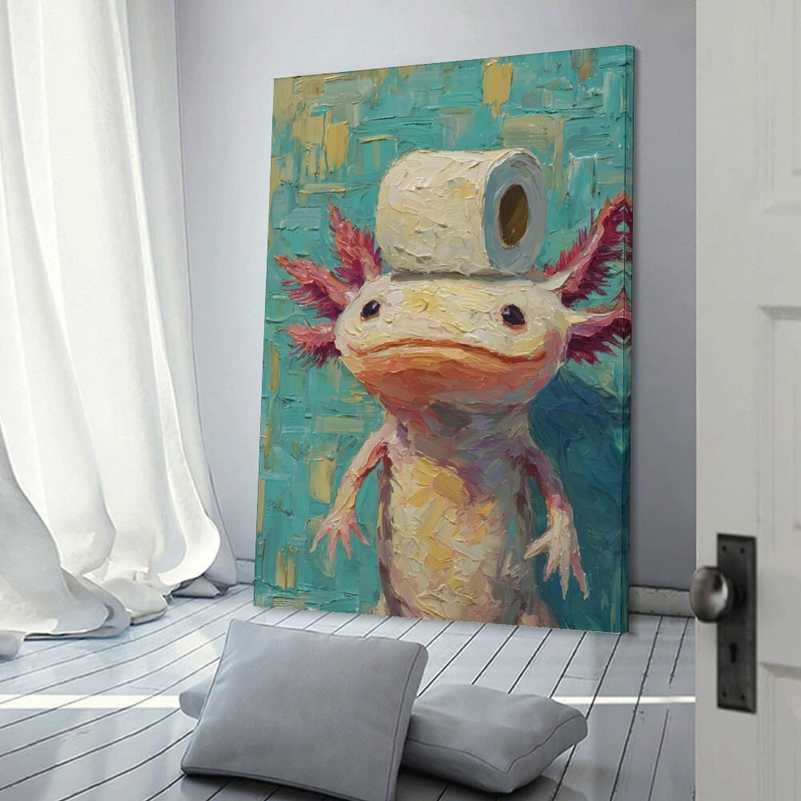Junmoney Axolotl with Toilet Paper Hat Painting Wall Art Print, 16x24inch(40x60cm), for Corridors, Hallways Or Apartment Entries, Wall Decor to Refresh Empty Corners