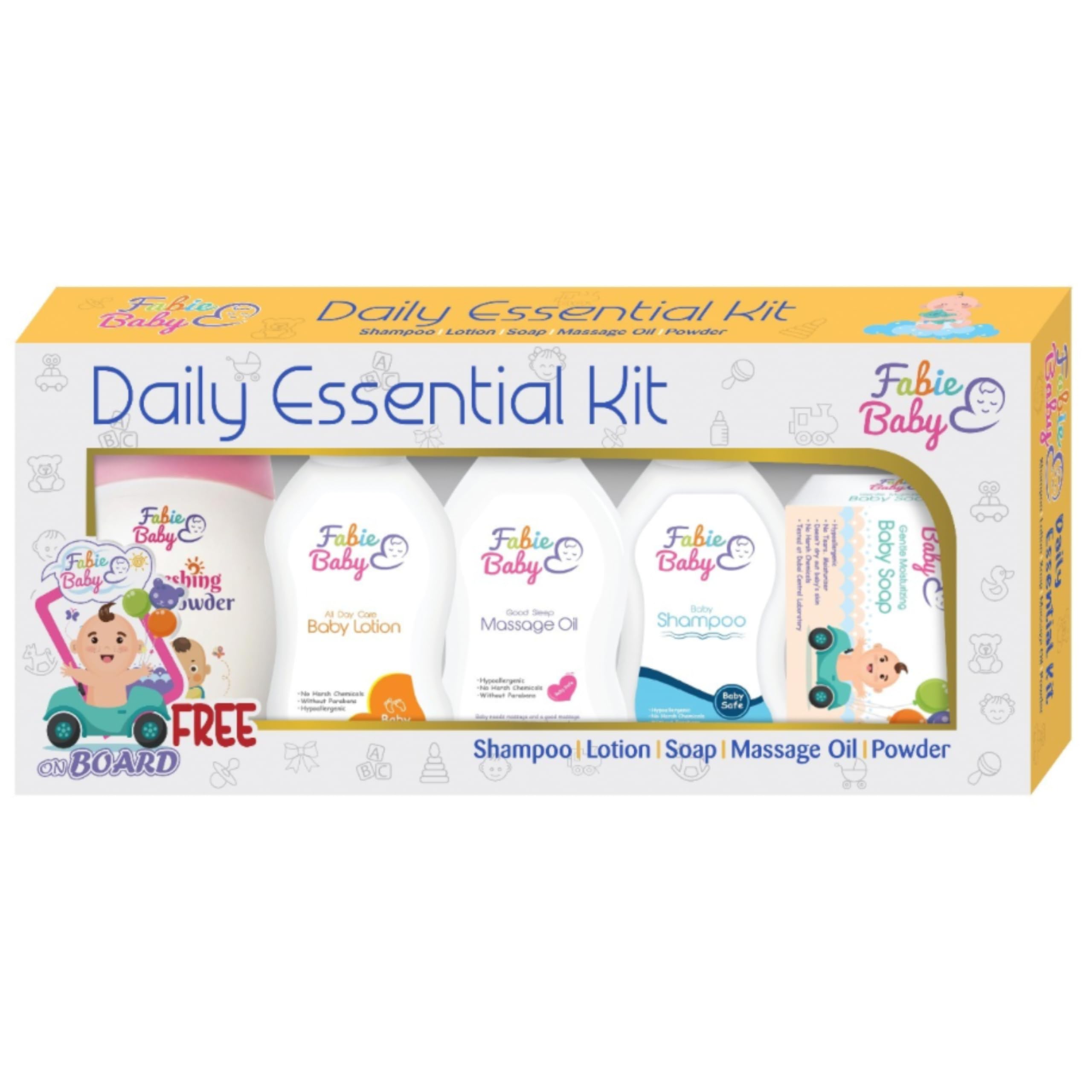 Fabie Baby Daily Essential Kit, 5 Count Kit with Powder, Shampoo, Lotion, Soap, Massage Oil-image-11