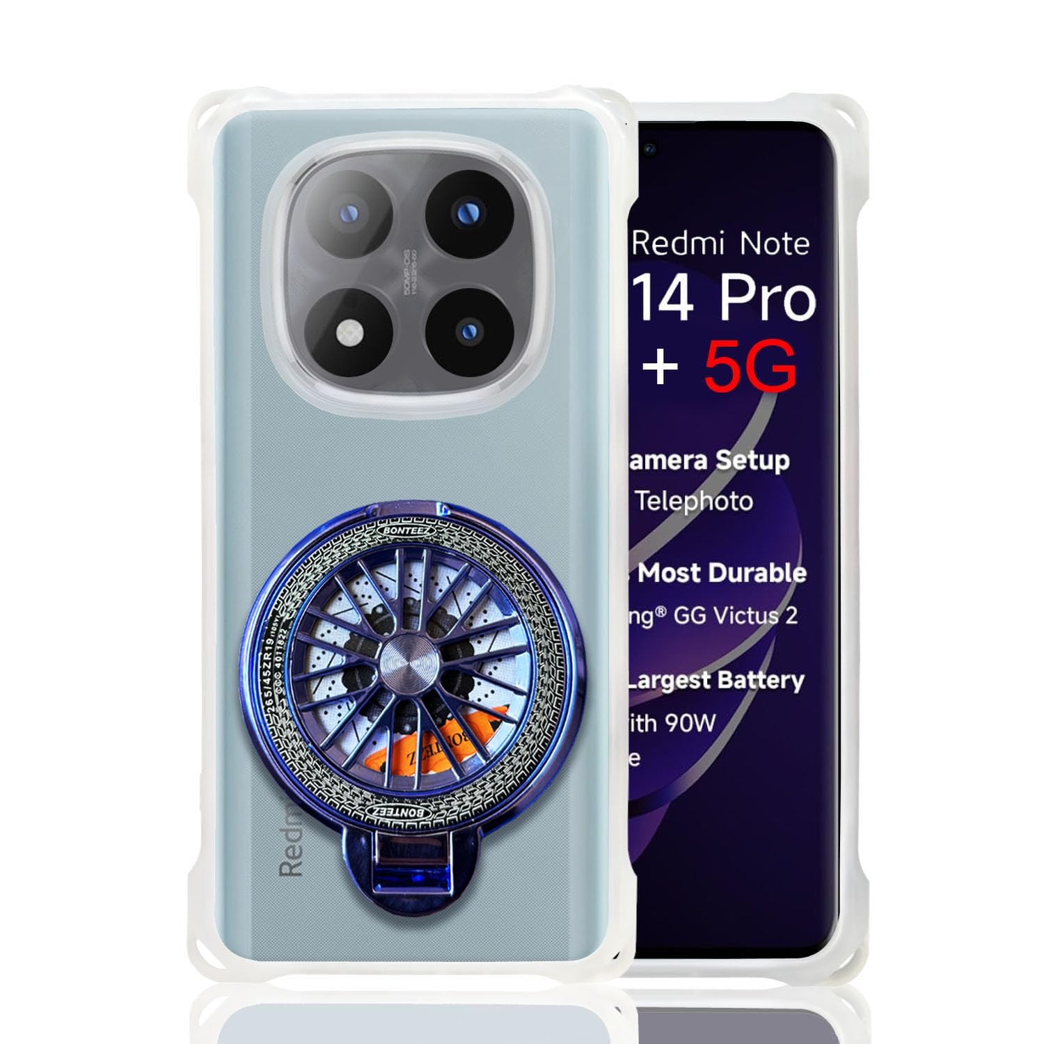 KC Back Cover for Redmi Note 14 Pro Plus 5G - 3D Four Corner Shockproof Blue Spinning Wheel Kickstand Holder Soft Silicone with Camera Protection (Transparent)-image-25