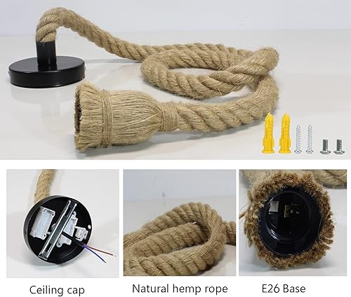 Miniatura 3 de Cable de luz colgante de cuerda de cáñamo vintage, lámpara colgante retro, lámpara colgante de techo de una sola cabeza, luz colgante de base E26E27