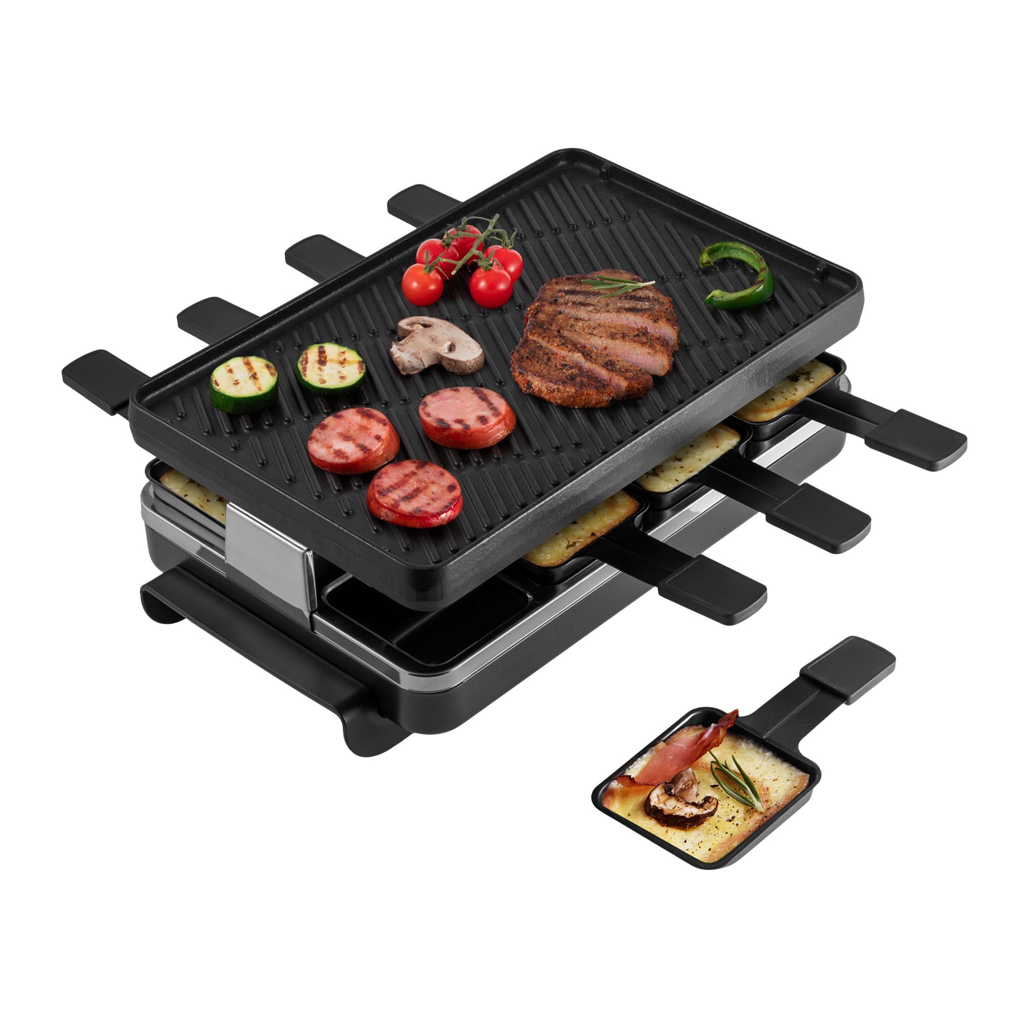 SwissmarClassic 8-Person Raclette Party Grill - Indoor Electric Grill & Griller with Reversible Cast Iron Grill Plate/Crepe Top - Anthracite Black
