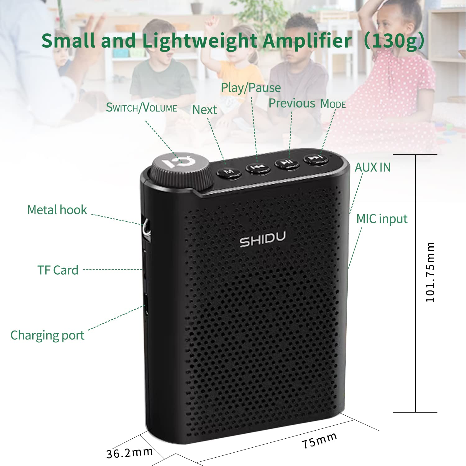 SHIDU Mini amplificatore vocale portatile ricaricabile con microfono cablato, supporta Bluetooth, audio in formato MP3, radio FM per insegnanti, allenatori, formazione, guida turistica