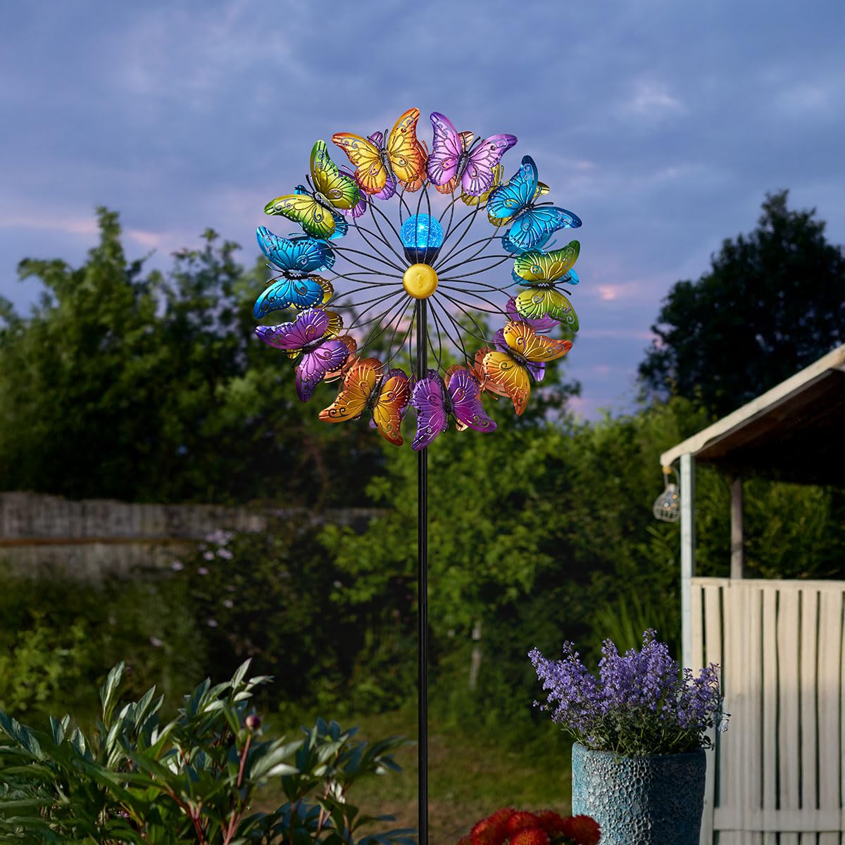 Festive Lights - 2.1m 7ft Butterfly Multicoloured Solar Garden Wind Spinner - Multi-Coloured LED, Crackle Glass Orb, Weather-Resistant - IP44 Outdoor Light with Spinning Arms & Decorative Design