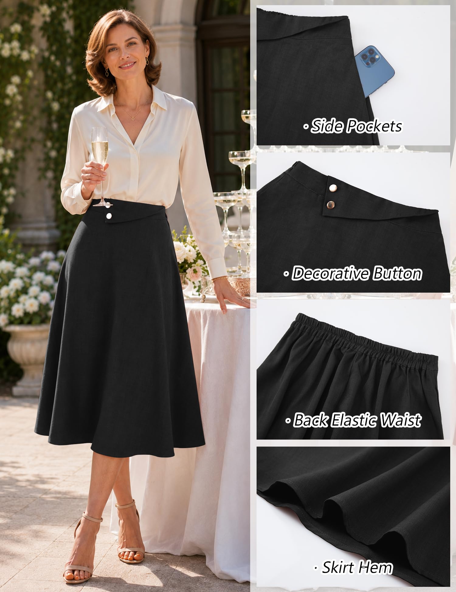 Dressystar Gonna longuette da donna a vita alta con tasche, linea ad A, con elastico in vita, per lavoro e ufficio