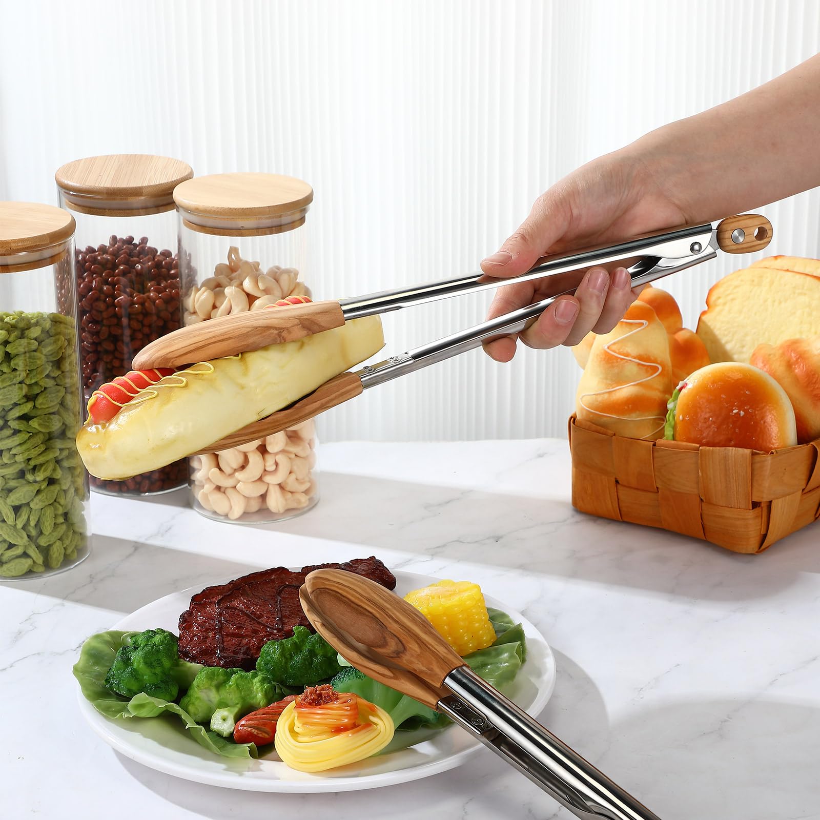 Baderke Juego de 2 pinzas de cocina de madera de oliva para cocinar, pinzas de ensalada con puntas de madera para servir ensaladas, hamburguesas, asar a la parrilla y mucho más, juego de 2, 11.4